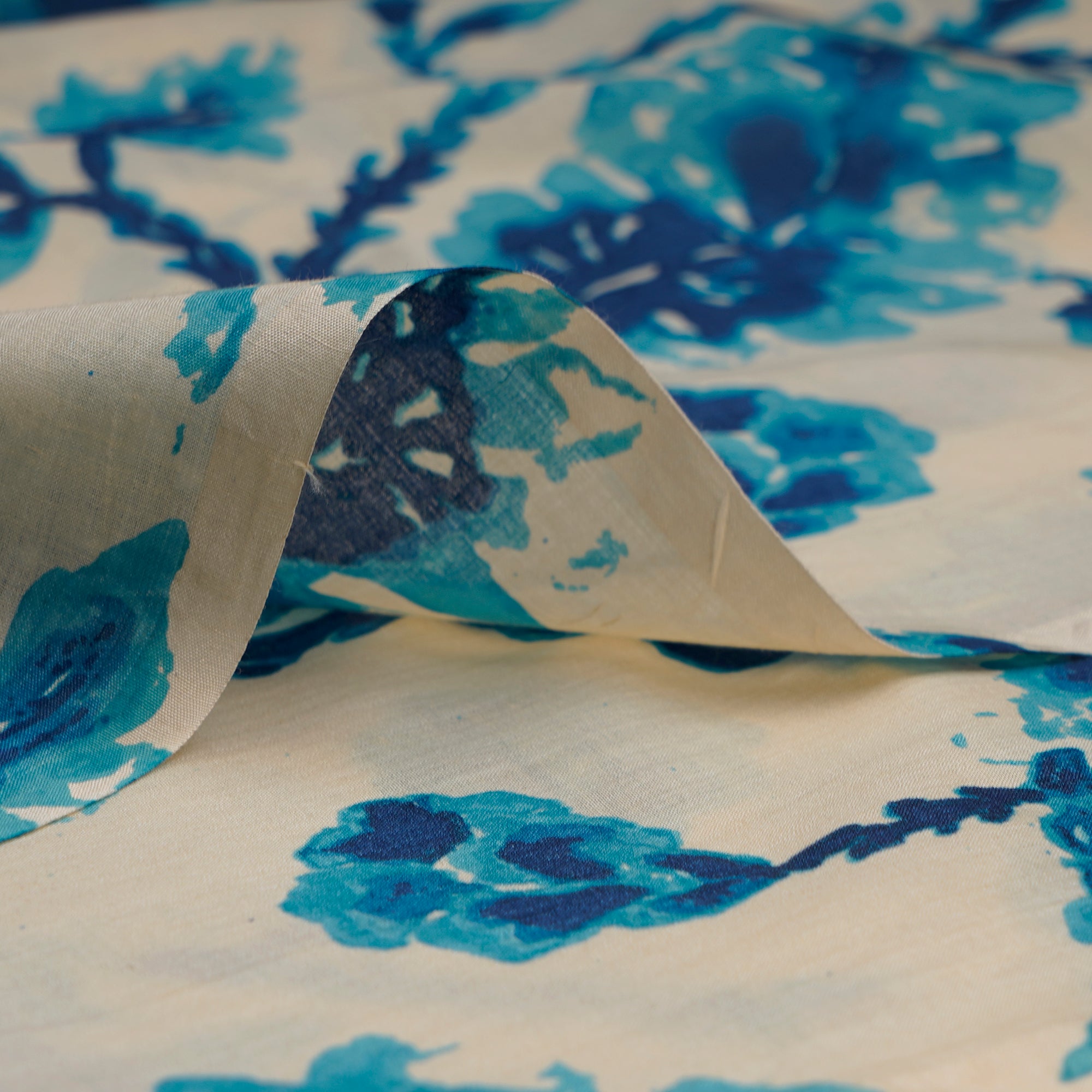 (Pre-Cut 1.00 Mtr)Cream-Blue Color Digital Printed Tussar Chanderi Fabric
