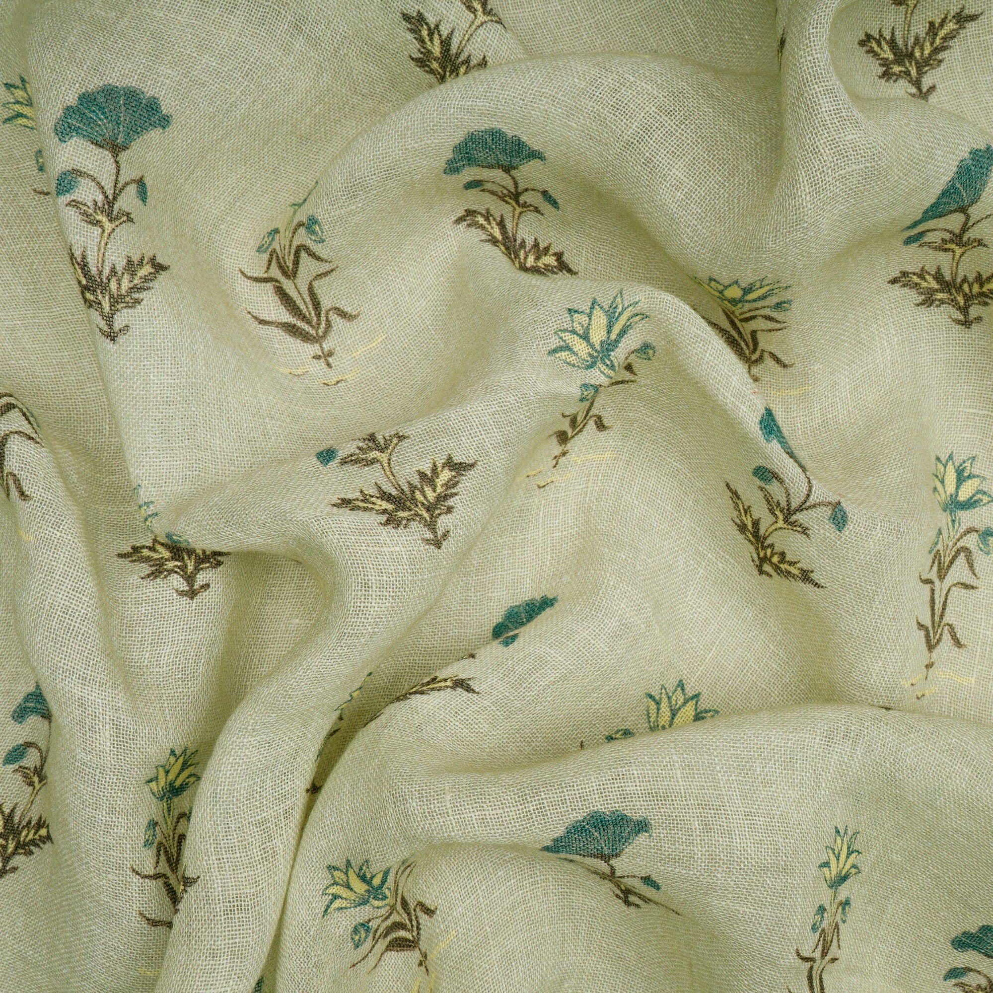 (Pre-Cut 0.80 Mtr)Mint Green Floral Pattern Digital Print Gauge Linen Fabric