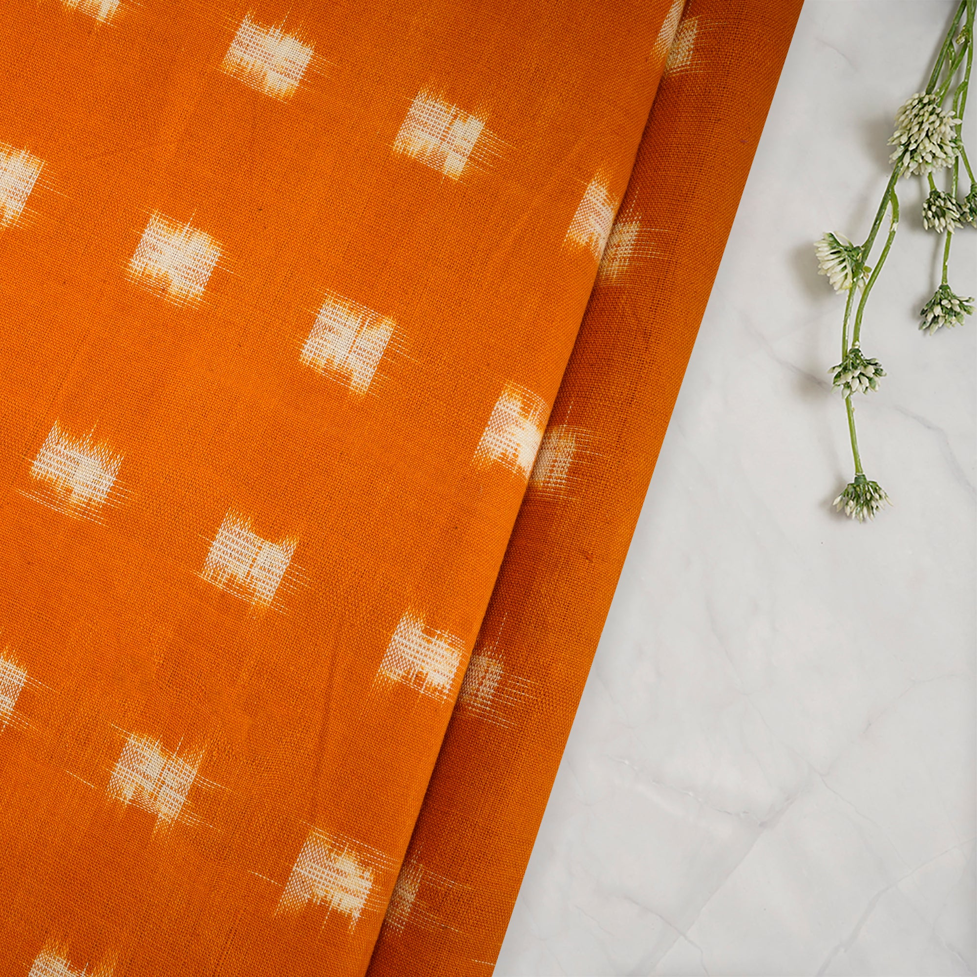 (Pre-Cut 0.55 Mtr)Orange Ikat Pattern Handwoven Cotton Fabric