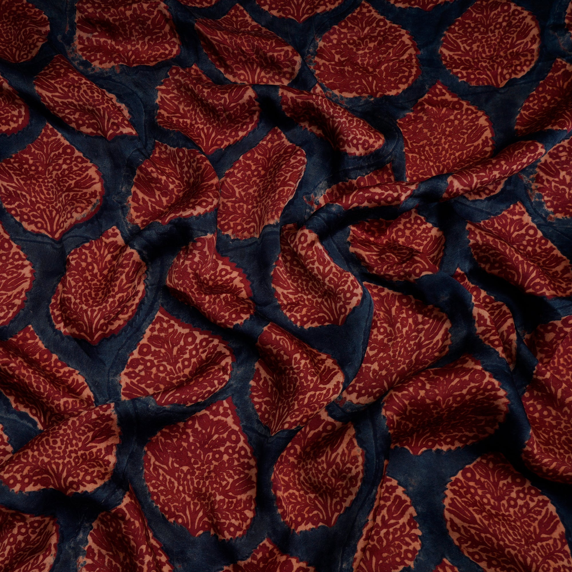 (Pre-Cut 0.70 Mtr) Navy Blue-Maroon Handcrafted Ajrak Printed Modal Satin Fabric