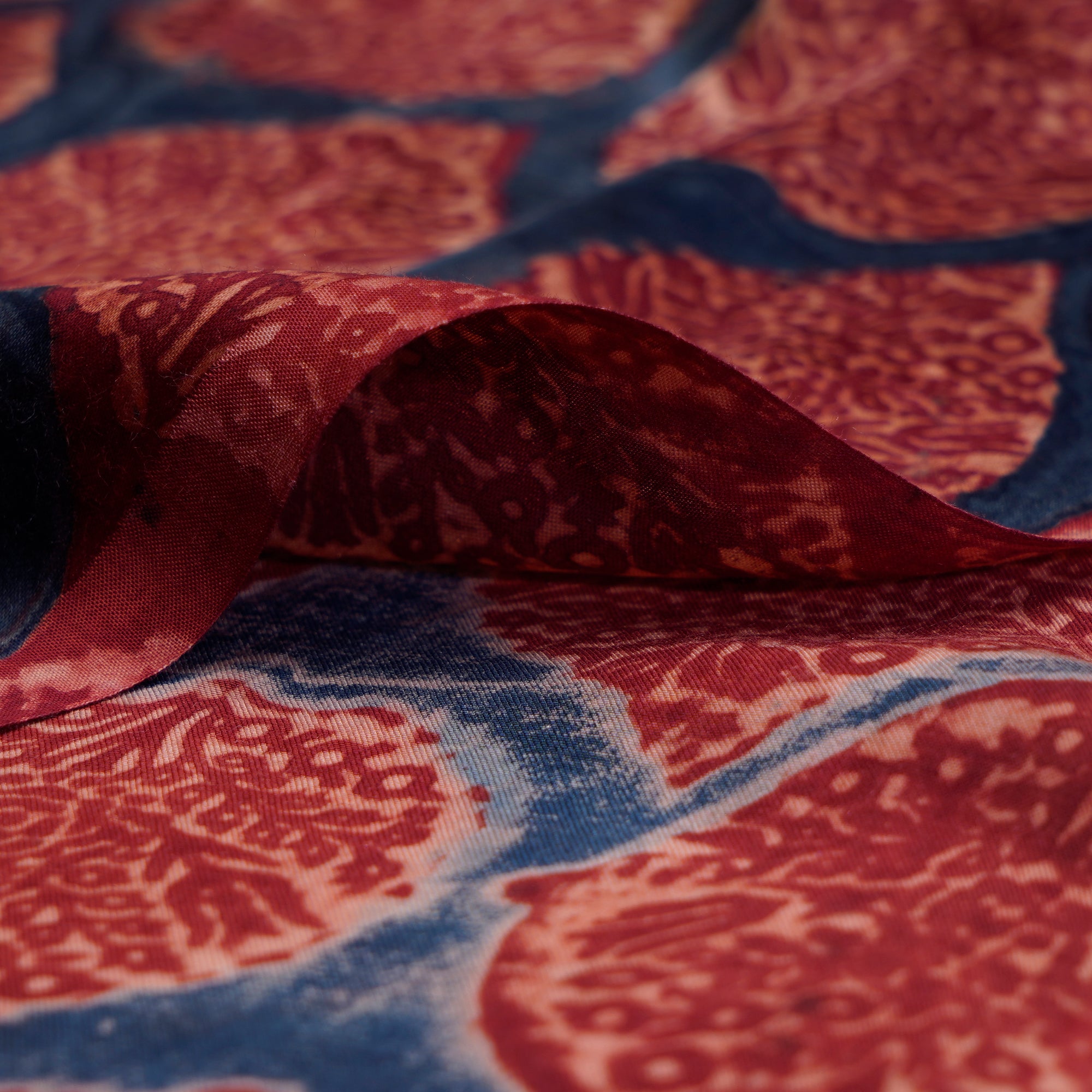 (Pre-Cut 0.70 Mtr) Navy Blue-Maroon Handcrafted Ajrak Printed Modal Satin Fabric