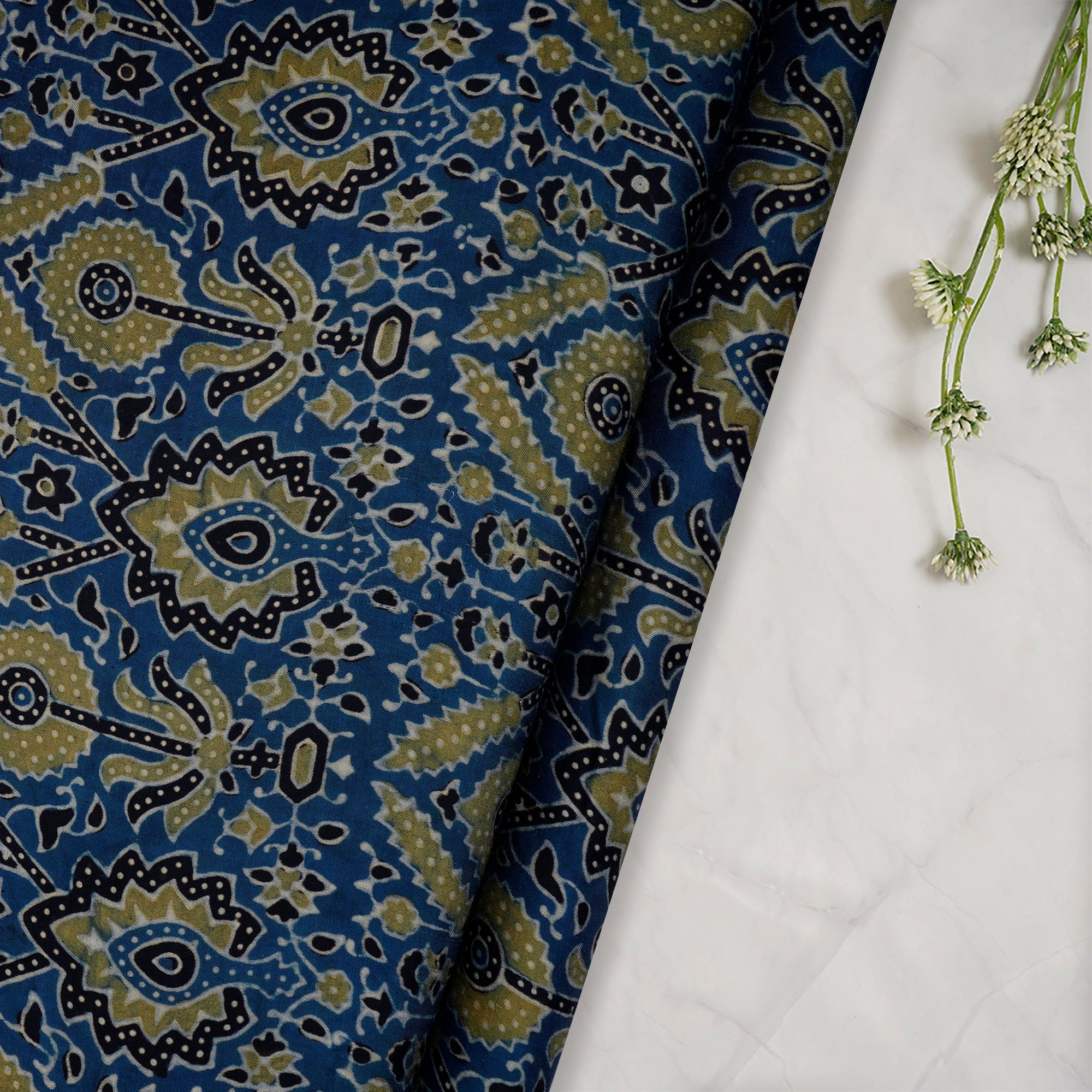 (Pre-Cut 1.60 Mtr)Blue Floral Pattern Handcrafted Ajrak Printed Modal Satin Dobby Fabric