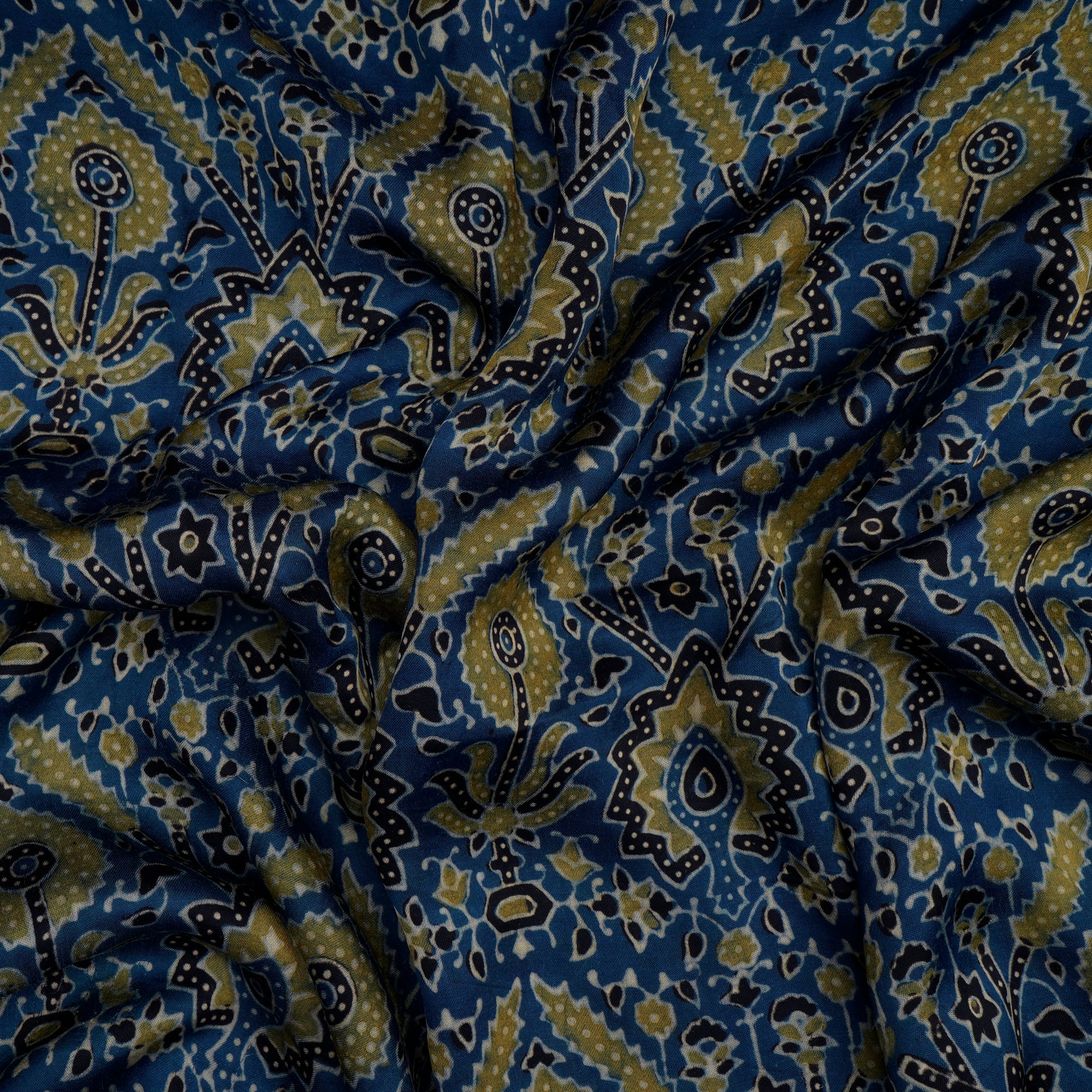 (Pre-Cut 1.60 Mtr)Blue Floral Pattern Handcrafted Ajrak Printed Modal Satin Dobby Fabric