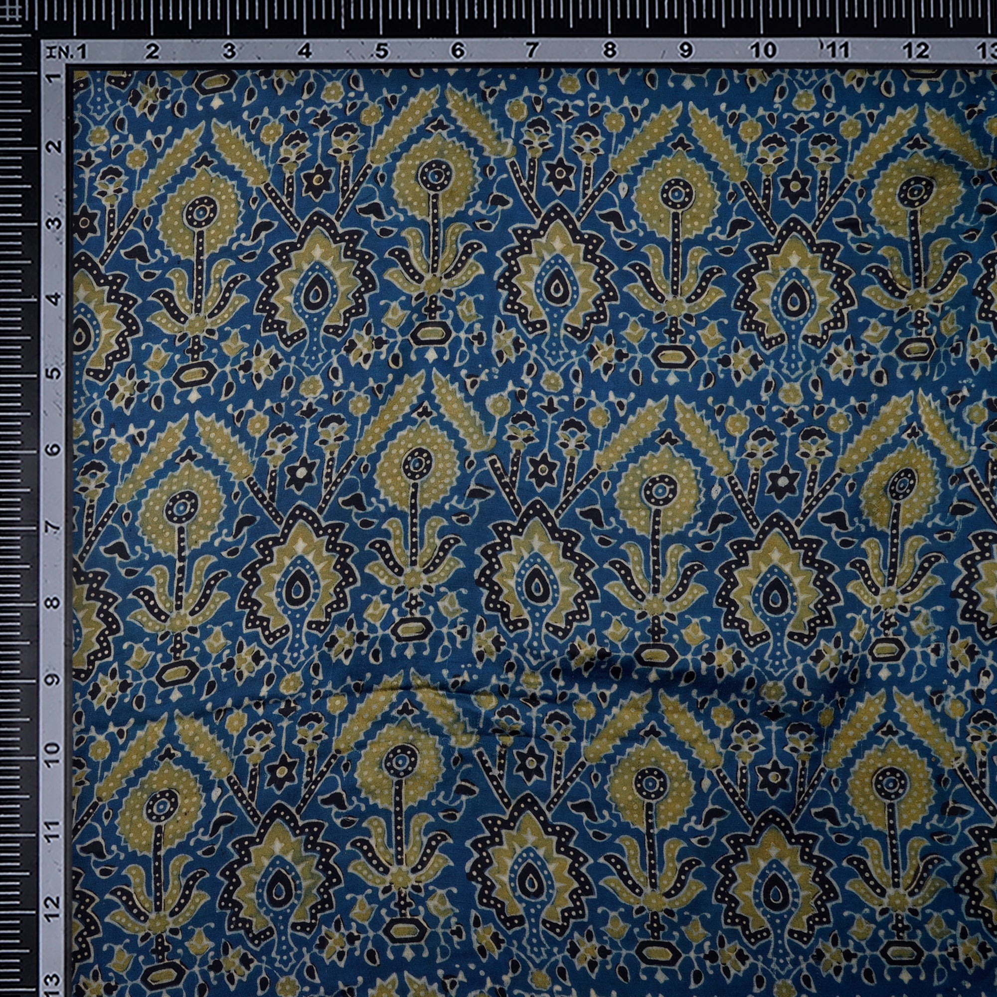 (Pre-Cut 1.60 Mtr)Blue Floral Pattern Handcrafted Ajrak Printed Modal Satin Dobby Fabric