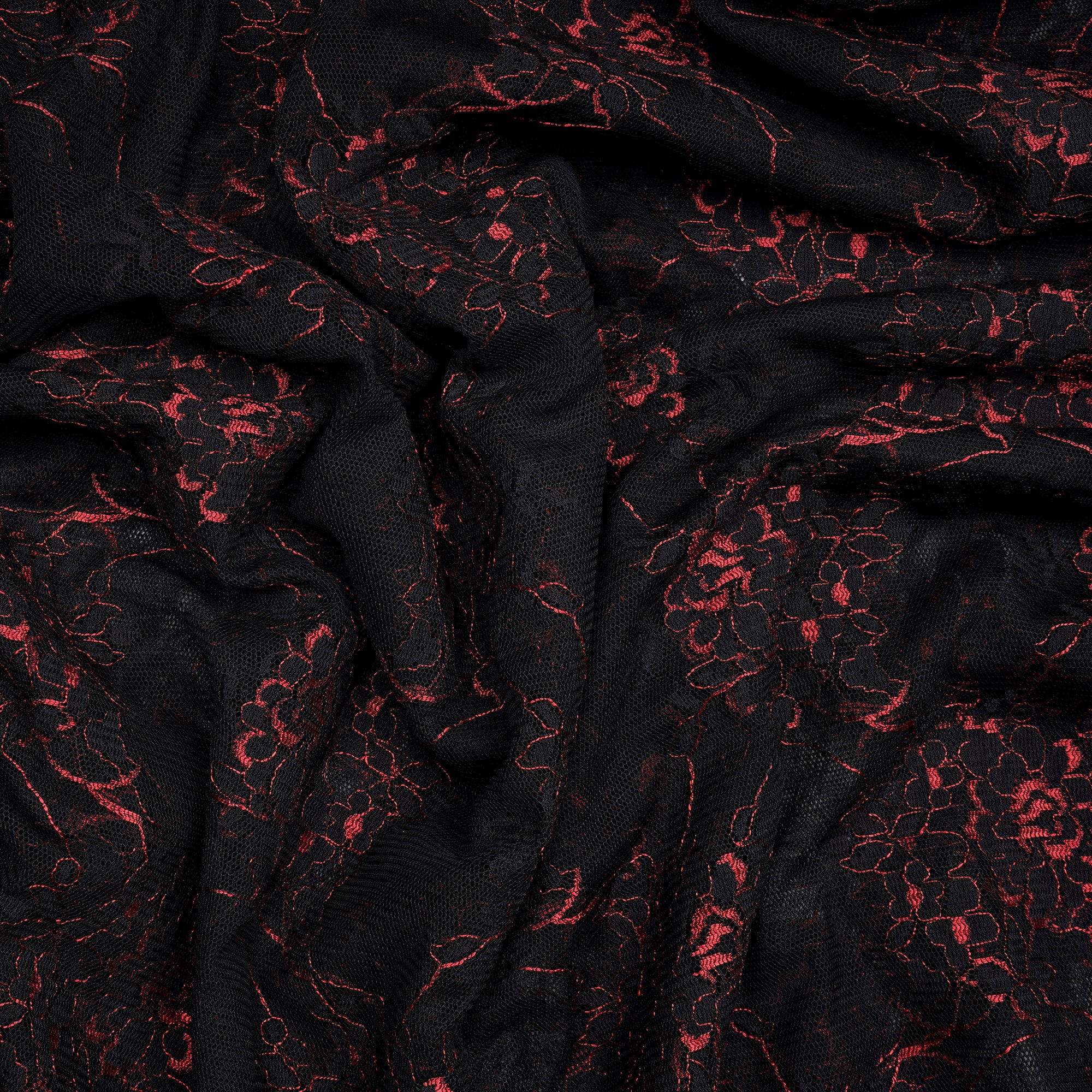 (Pre-Cut 2.80 Mtr)Black-Red Floral Pattern Embroidered Nylon Net Fabric