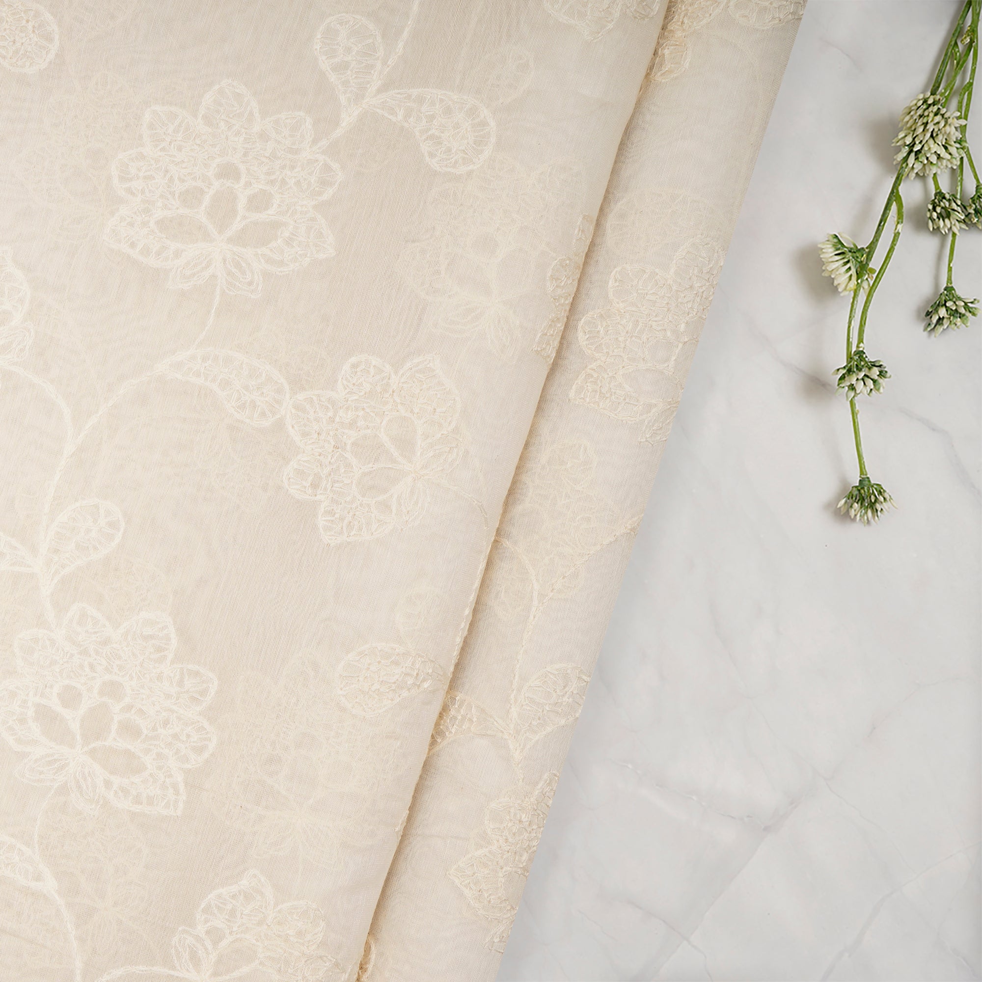 (Pre-Cut 2.00 Mtr)White Color Embroidered Fine Chanderi Fabric