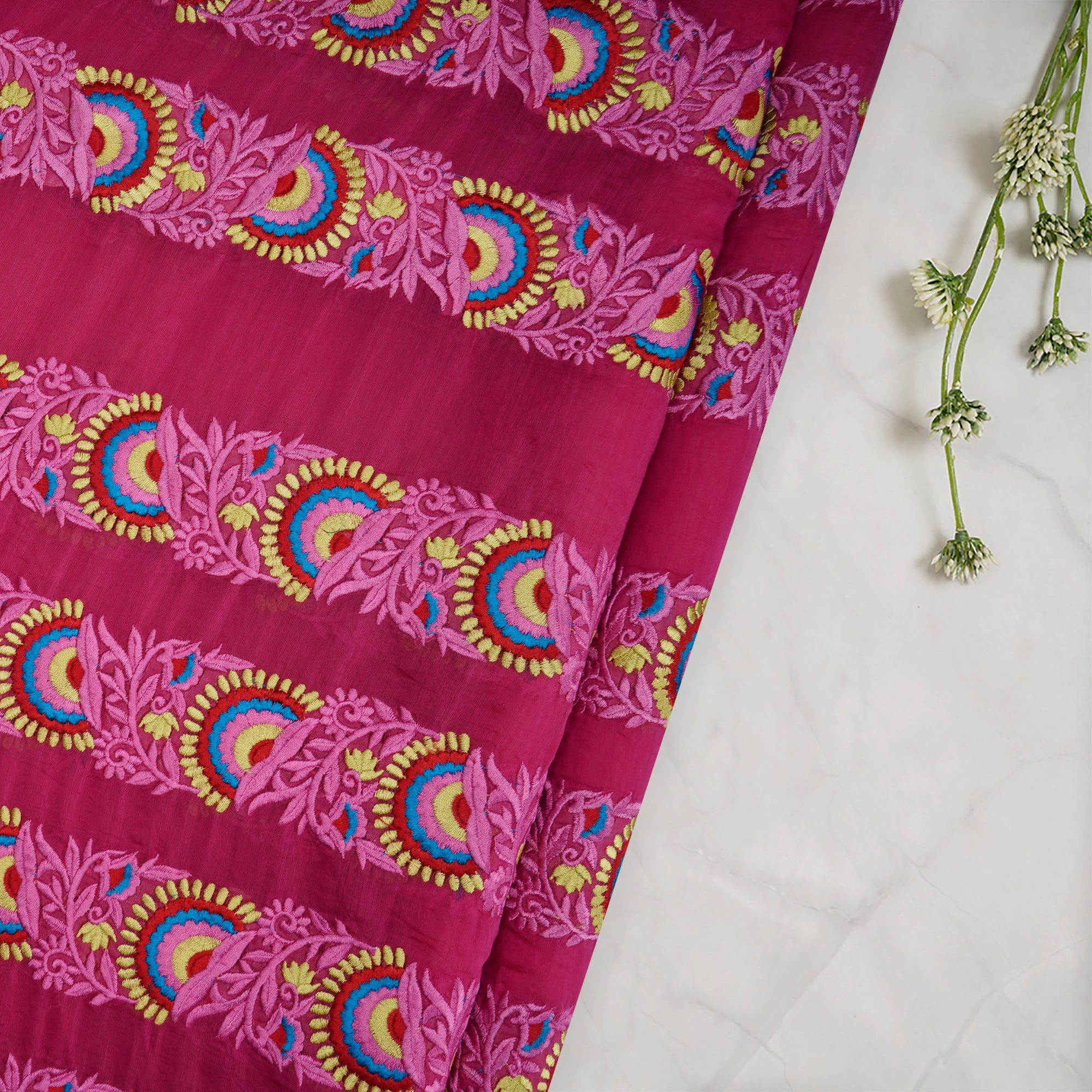 (Pre-Cut 3.70 Mtr) Dark Pink Floral Pattern Thread Embroidered Fine Chanderi Fabric