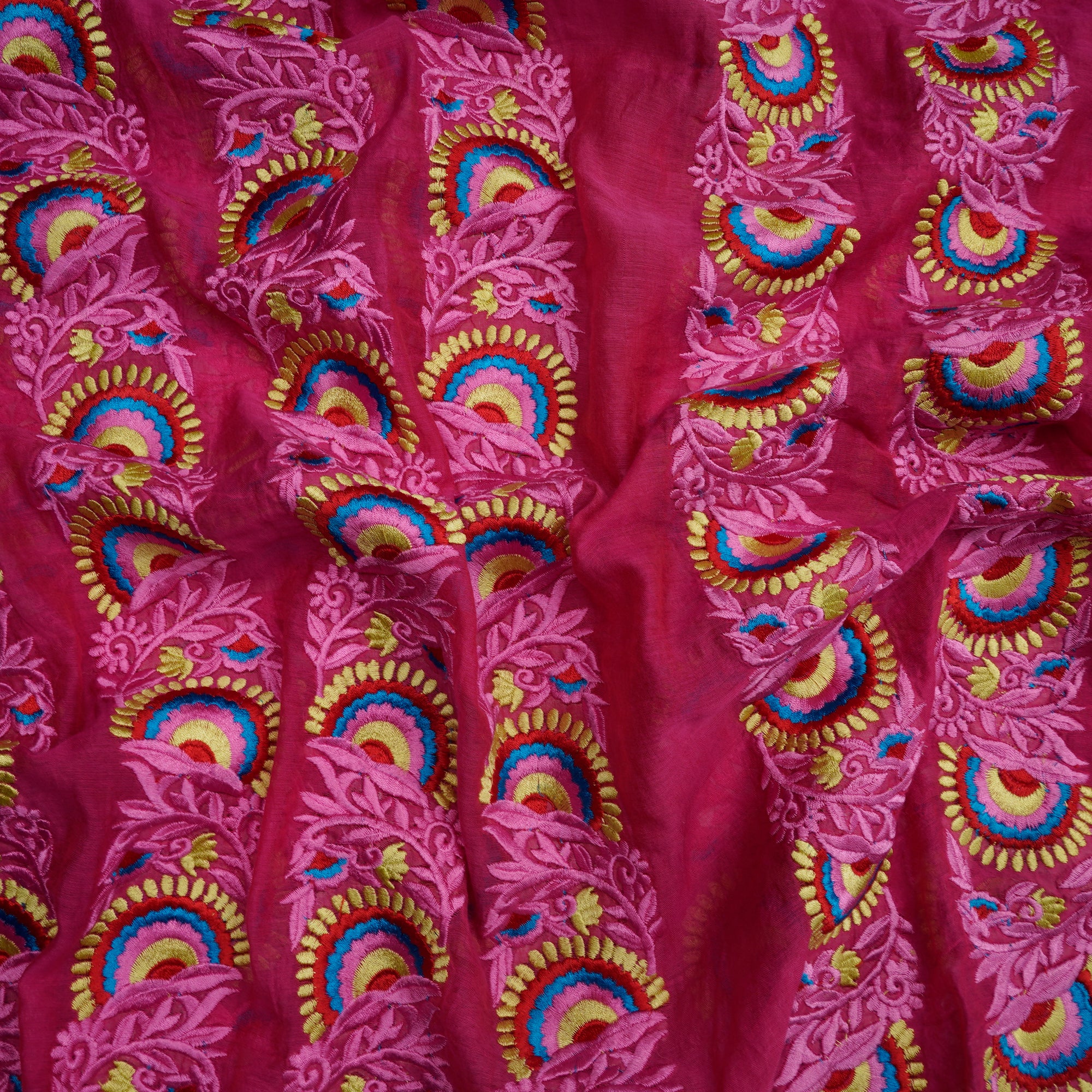 (Pre-Cut 3.70 Mtr) Dark Pink Floral Pattern Thread Embroidered Fine Chanderi Fabric