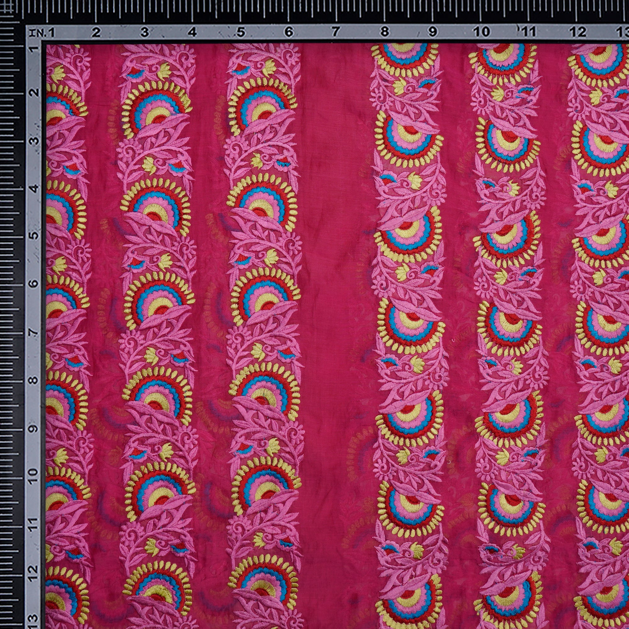 (Pre-Cut 3.70 Mtr) Dark Pink Floral Pattern Thread Embroidered Fine Chanderi Fabric