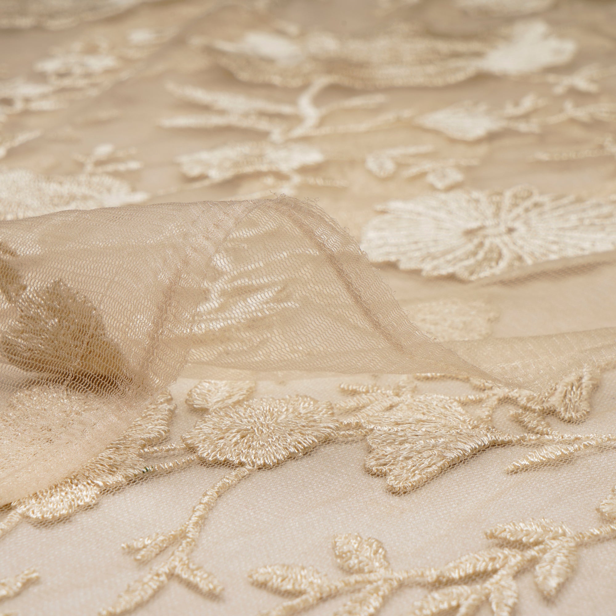 (Pre-Cut 1.40 Mtr)Cream Color Embroidered Nylon Net Fabric