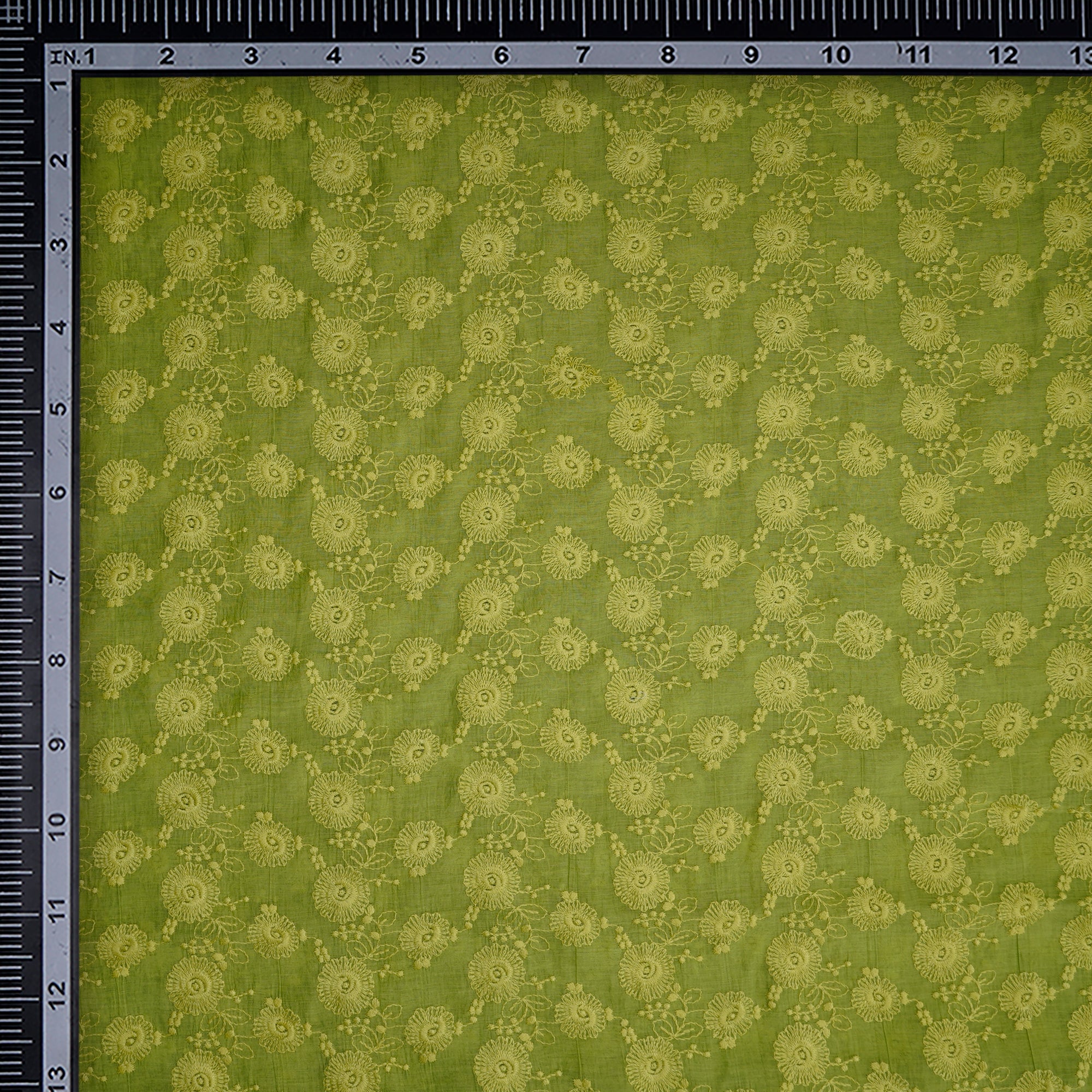 (Pre-Cut 3.25 Mtr)Greenary Floral Pattern Thread Embroidered Fine Chanderi Fabric