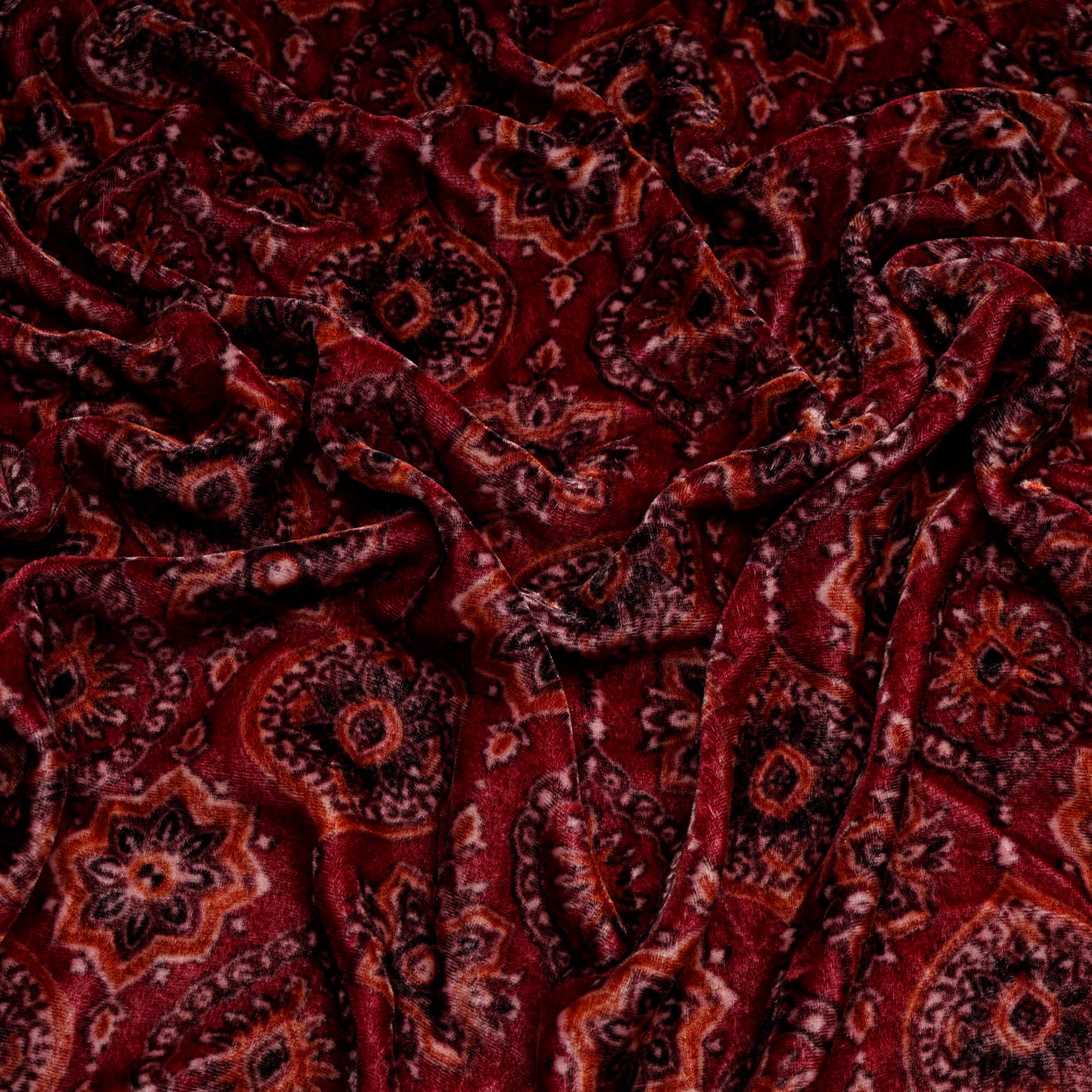 (Pre-Cu 2.00 Mtr)Maroon Ajrak Pattern Digital Printed Silk Velvet Fabric