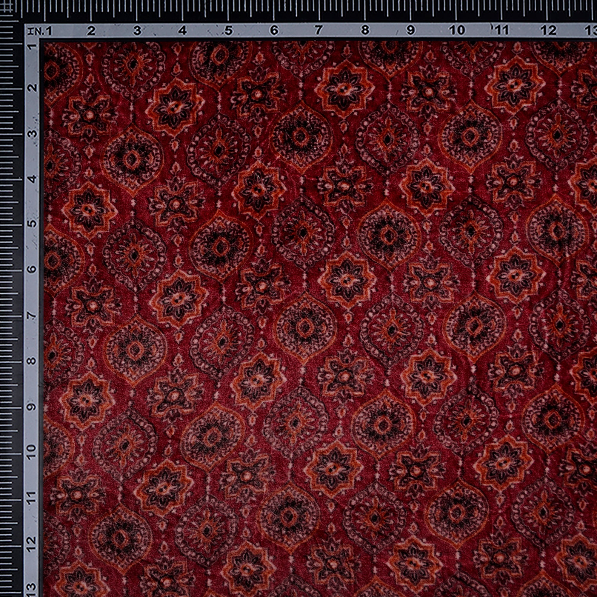 (Pre-Cu 2.00 Mtr)Maroon Ajrak Pattern Digital Printed Silk Velvet Fabric