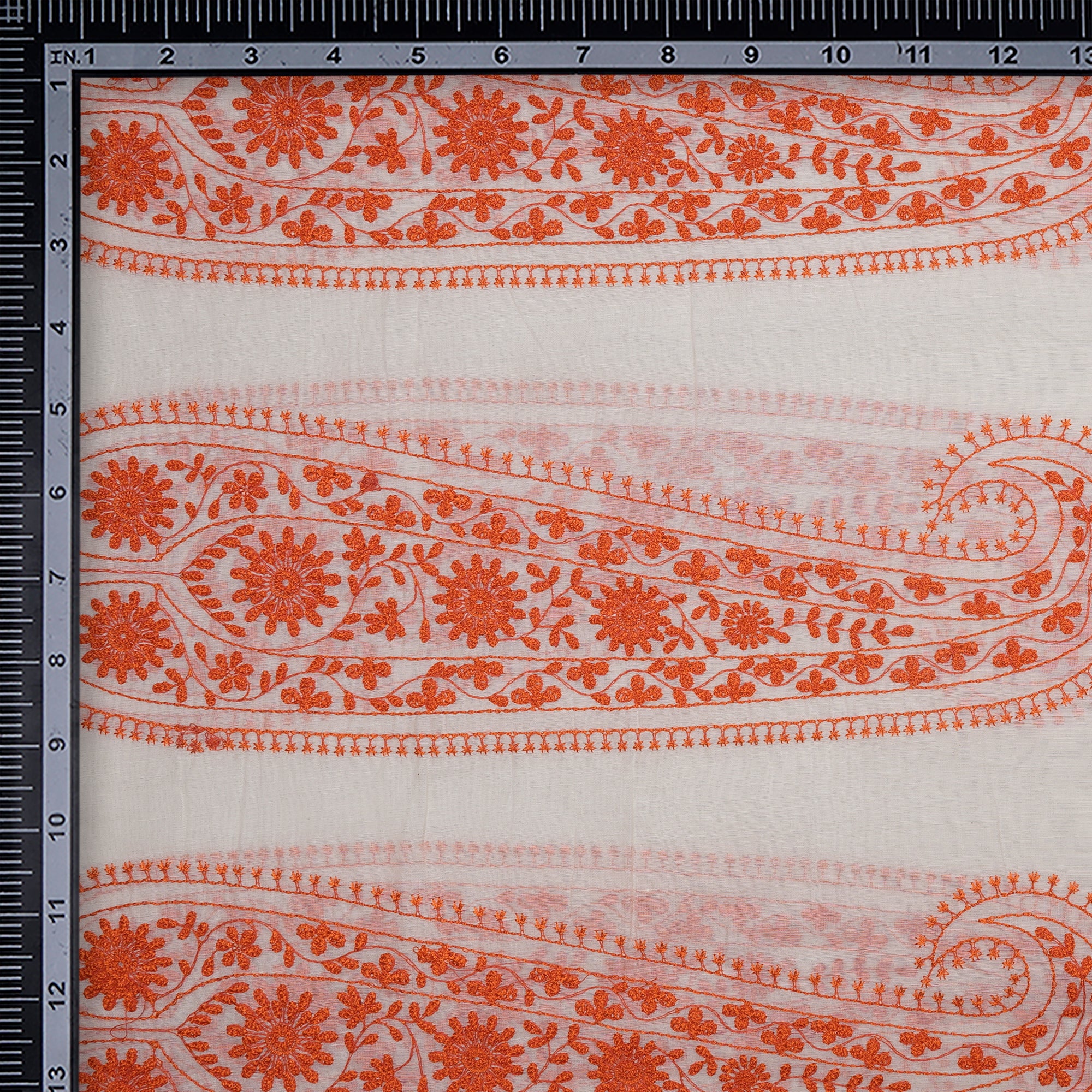 (Pre-Cut 1.00 Mtr)Orange Color Embroidered Fine Chanderi Fabric