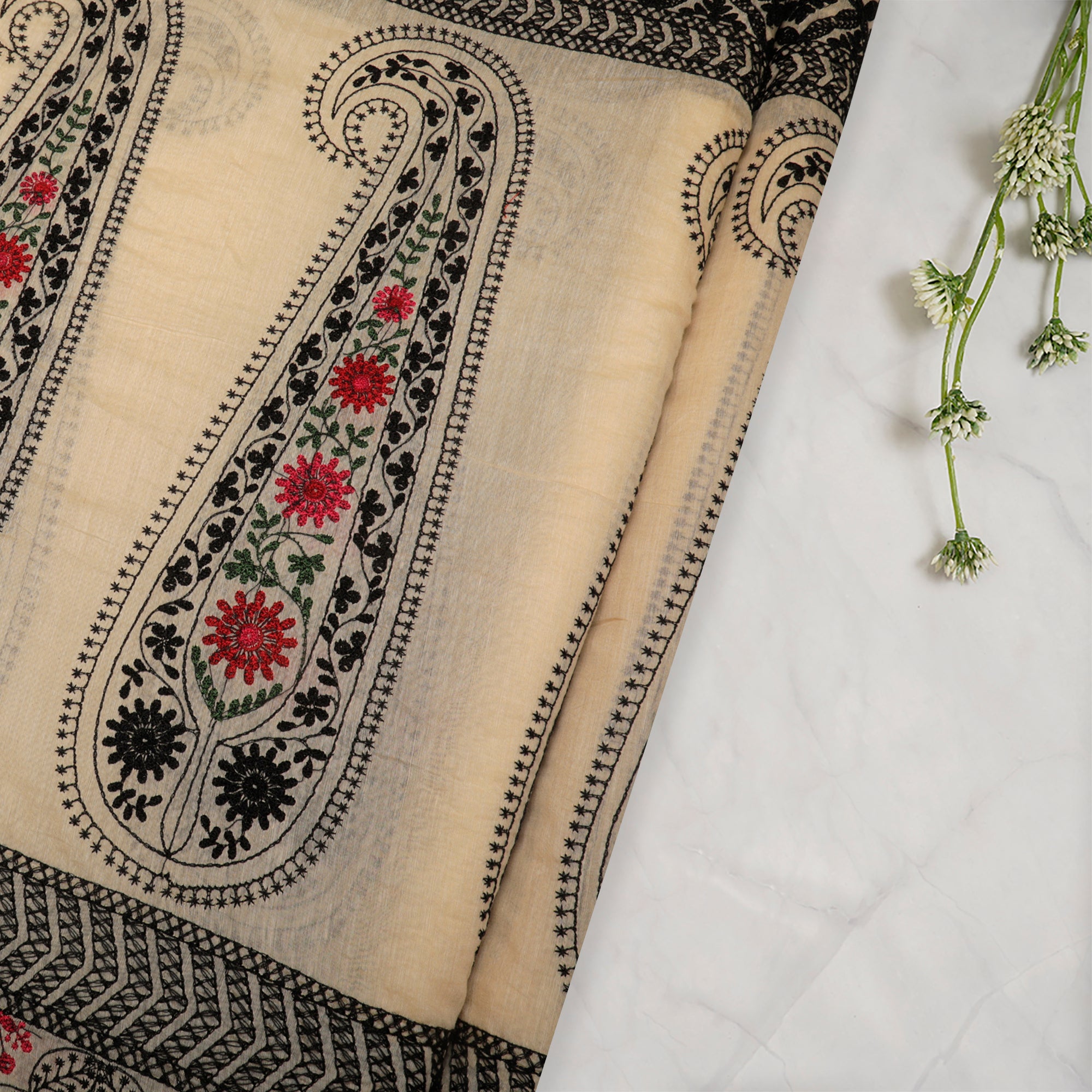 (Pre-Cut 2.10 Mtr)Cream-Black Embroidered Fine Chanderi Fabric