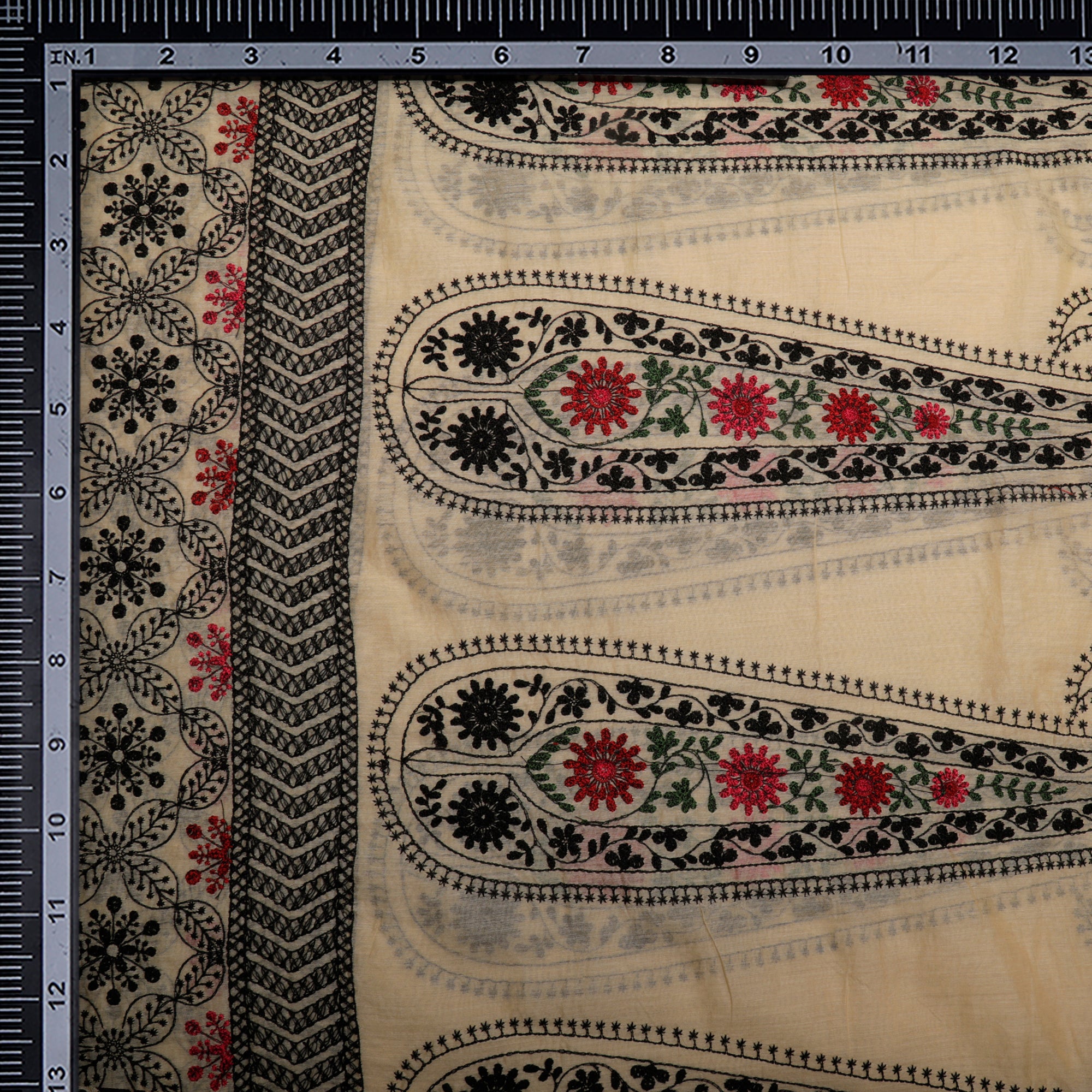 (Pre-Cut 2.10 Mtr)Cream-Black Embroidered Fine Chanderi Fabric