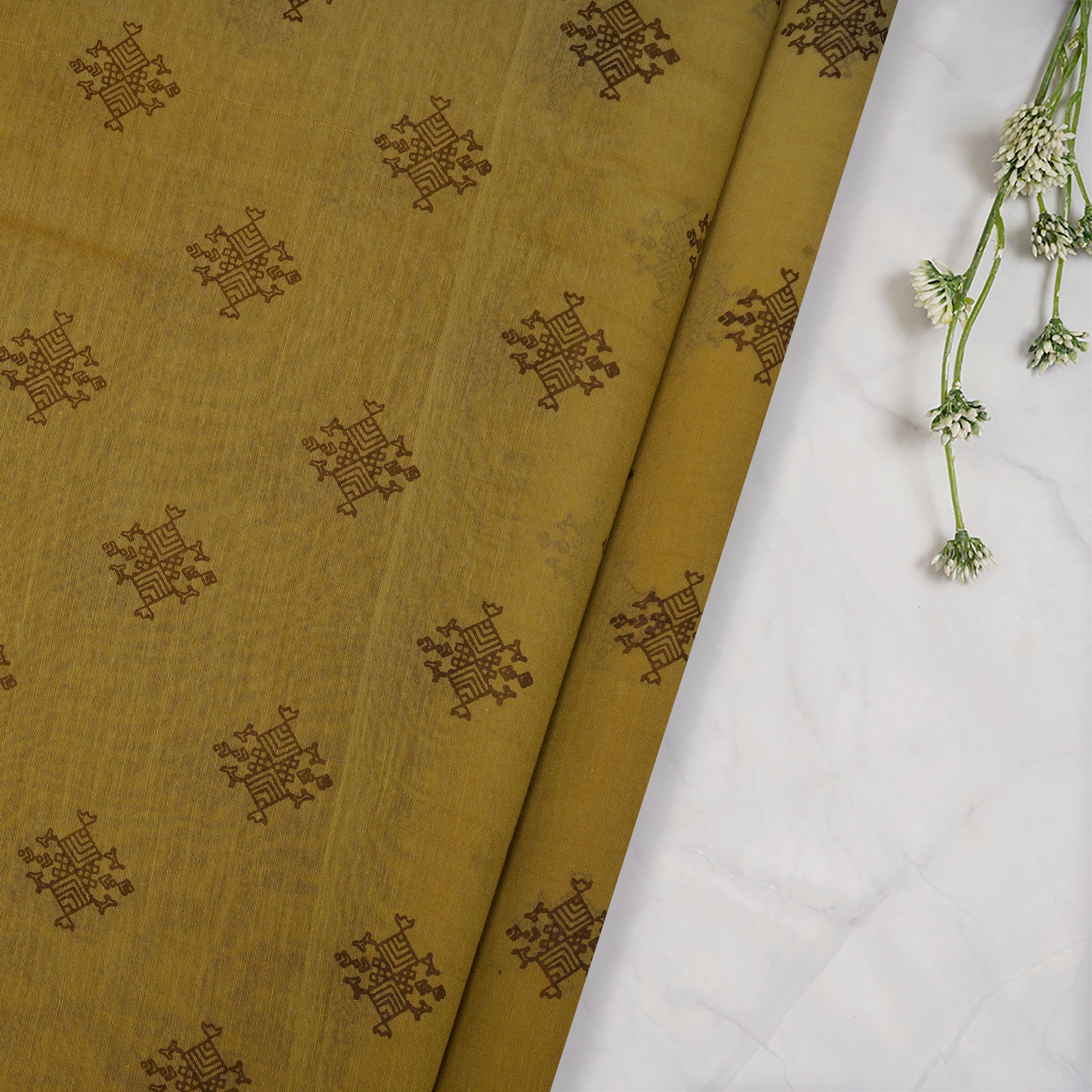 (Pre-Cut 2.10 Mtr)Brown Color Printed Fine Chanderi Fabric