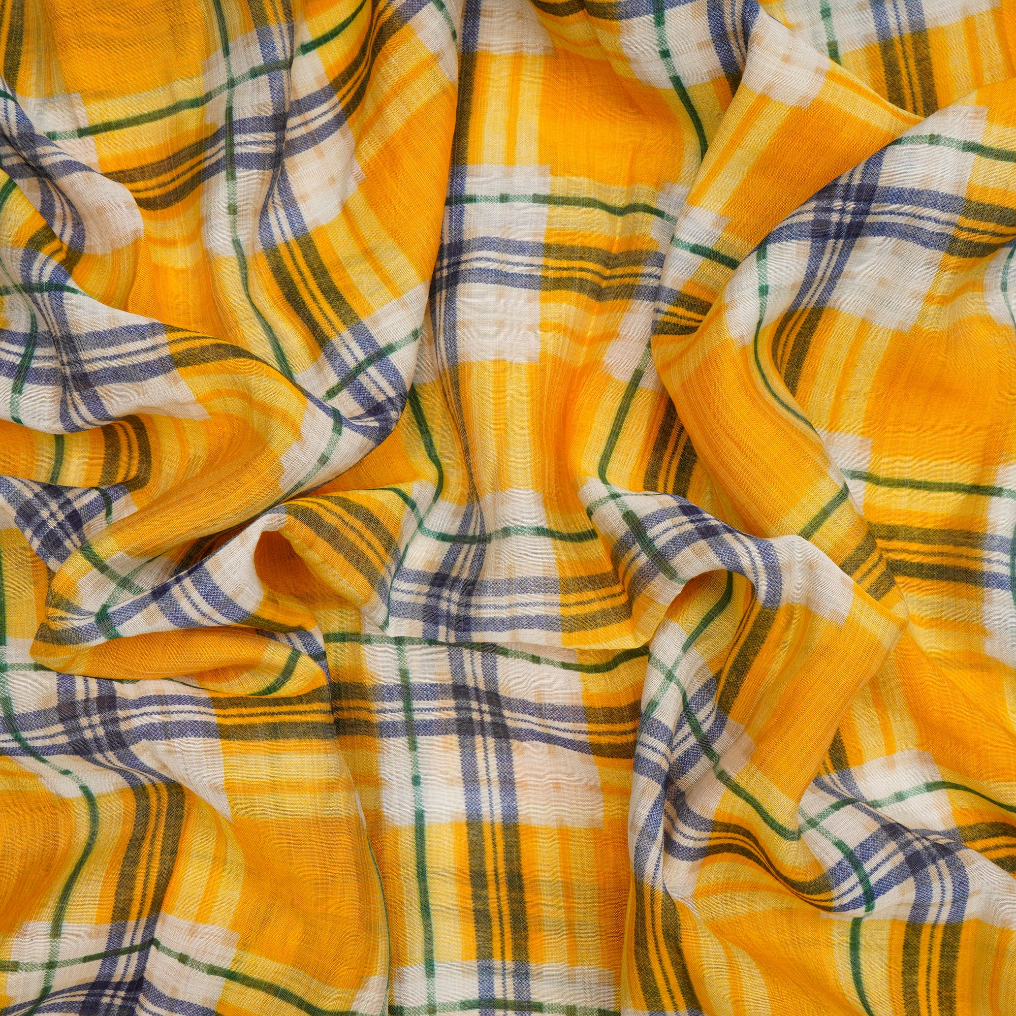 (Pre-Cut 1.10 Mtr)Yellow Check Pattern Digital Print Fine Muslin Fabric