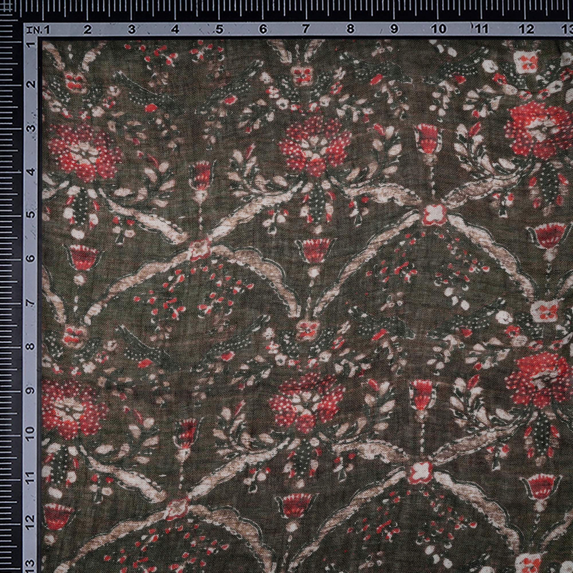 (Pre-Cut 1.00 Mtr)Seaweed Green All Over Pattern  Digital Printed Gauge Linen Fabric