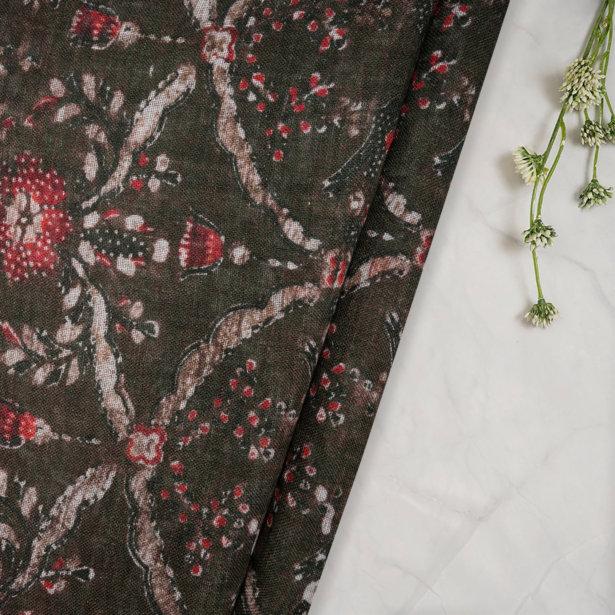 (Pre-Cut 2.00 Mtr)Olive Green Digital Printed Gauge Linen Fabric
