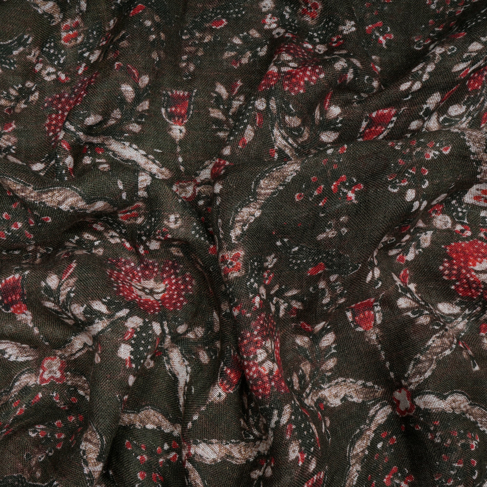 (Pre-Cut 2.00 Mtr)Olive Green Digital Printed Gauge Linen Fabric