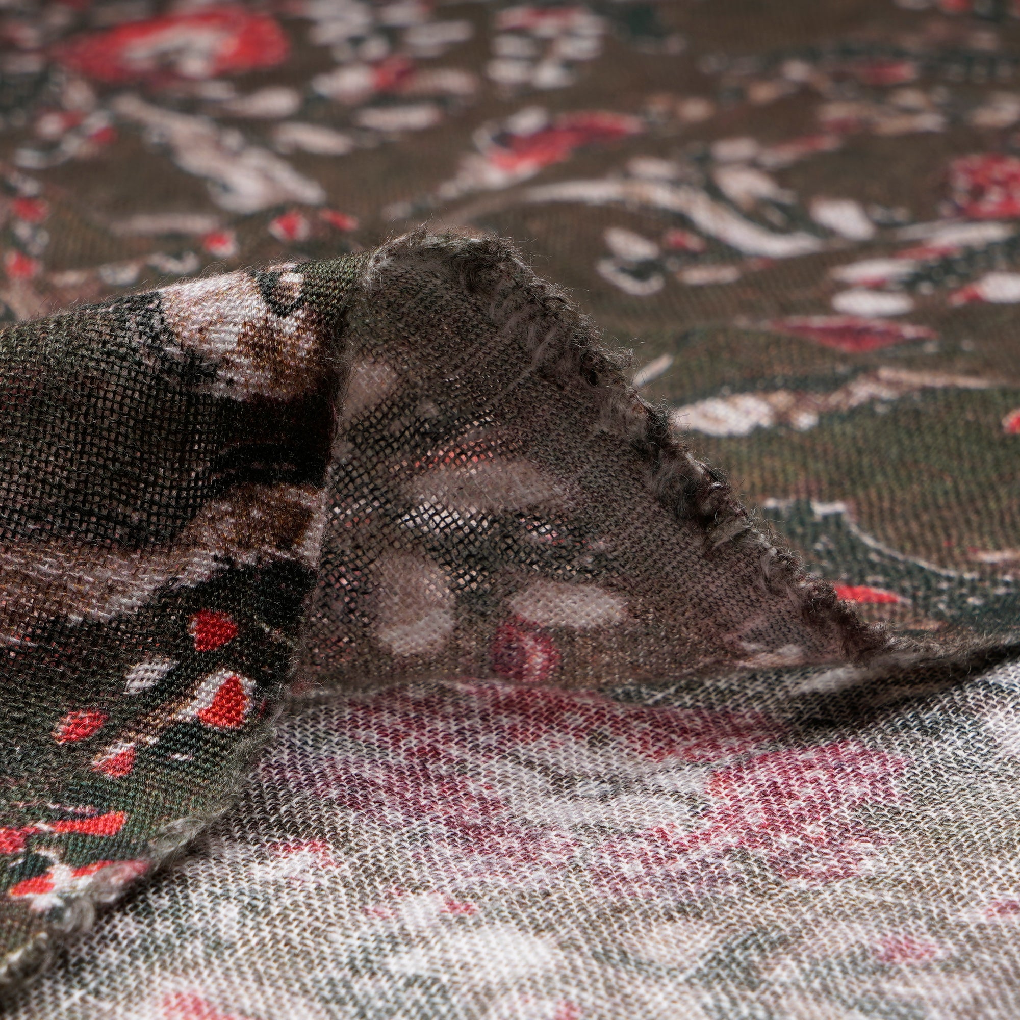 (Pre-Cut 2.00 Mtr)Olive Green Digital Printed Gauge Linen Fabric