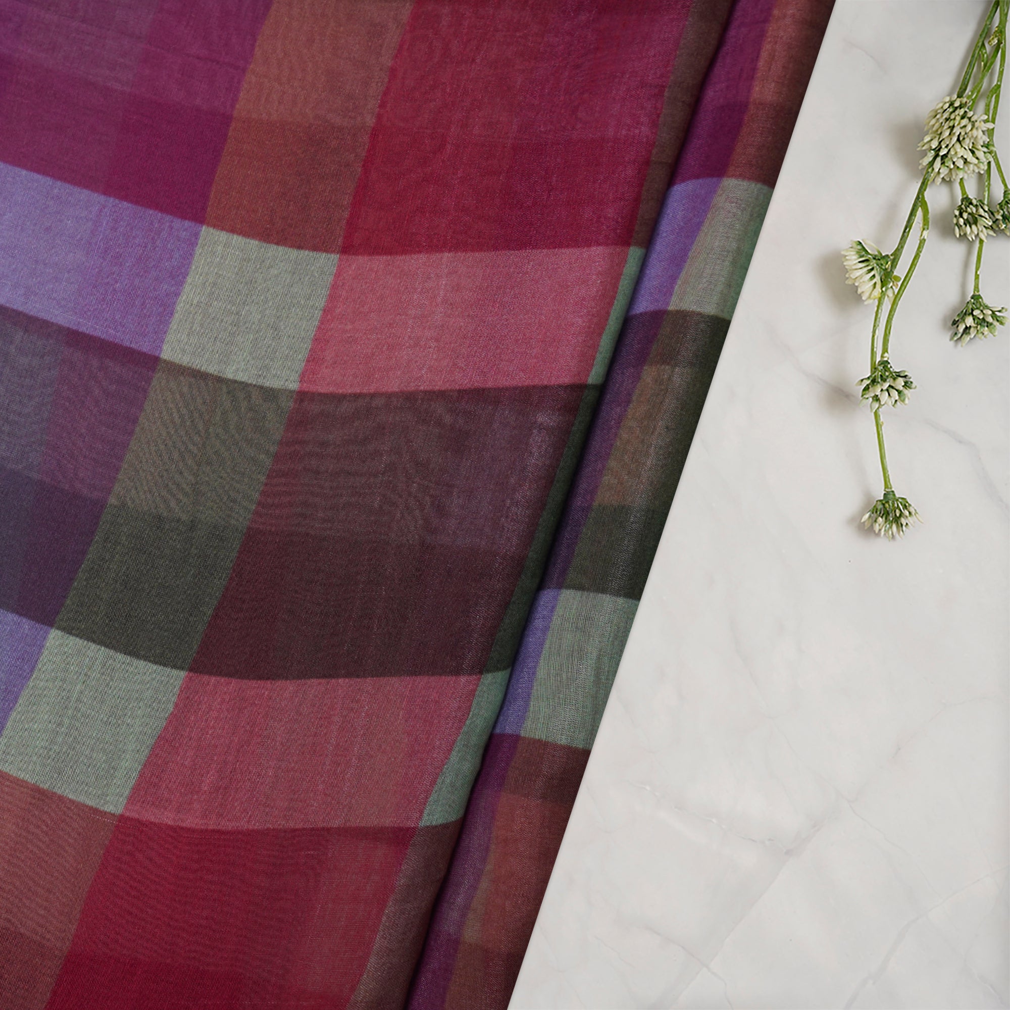 (Pre-Cut 2.10 Mtr)Multi Color Check Pattern Digital Printed Silk Cotton Chanderi Fabric