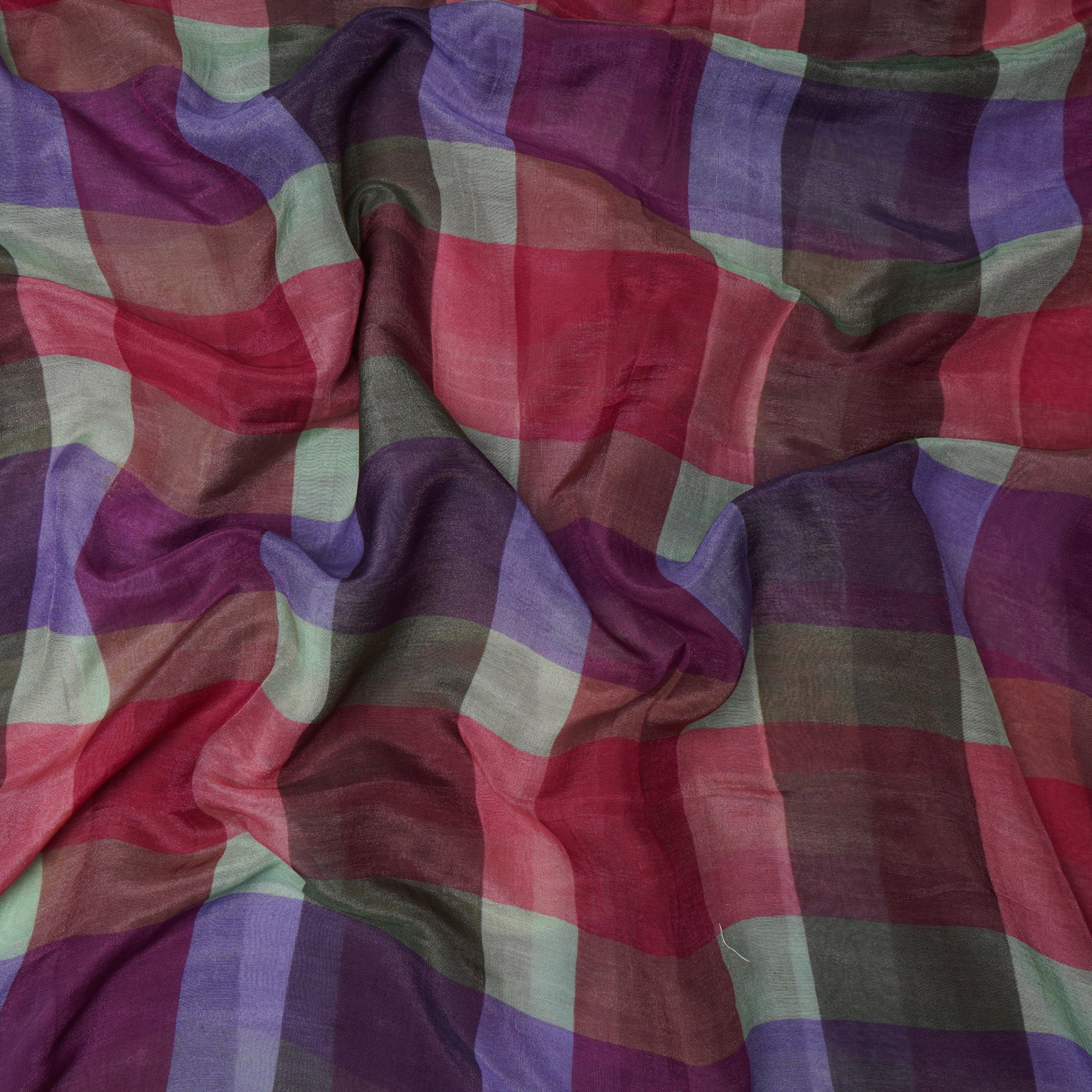 (Pre-Cut 2.10 Mtr)Multi Color Check Pattern Digital Printed Silk Cotton Chanderi Fabric