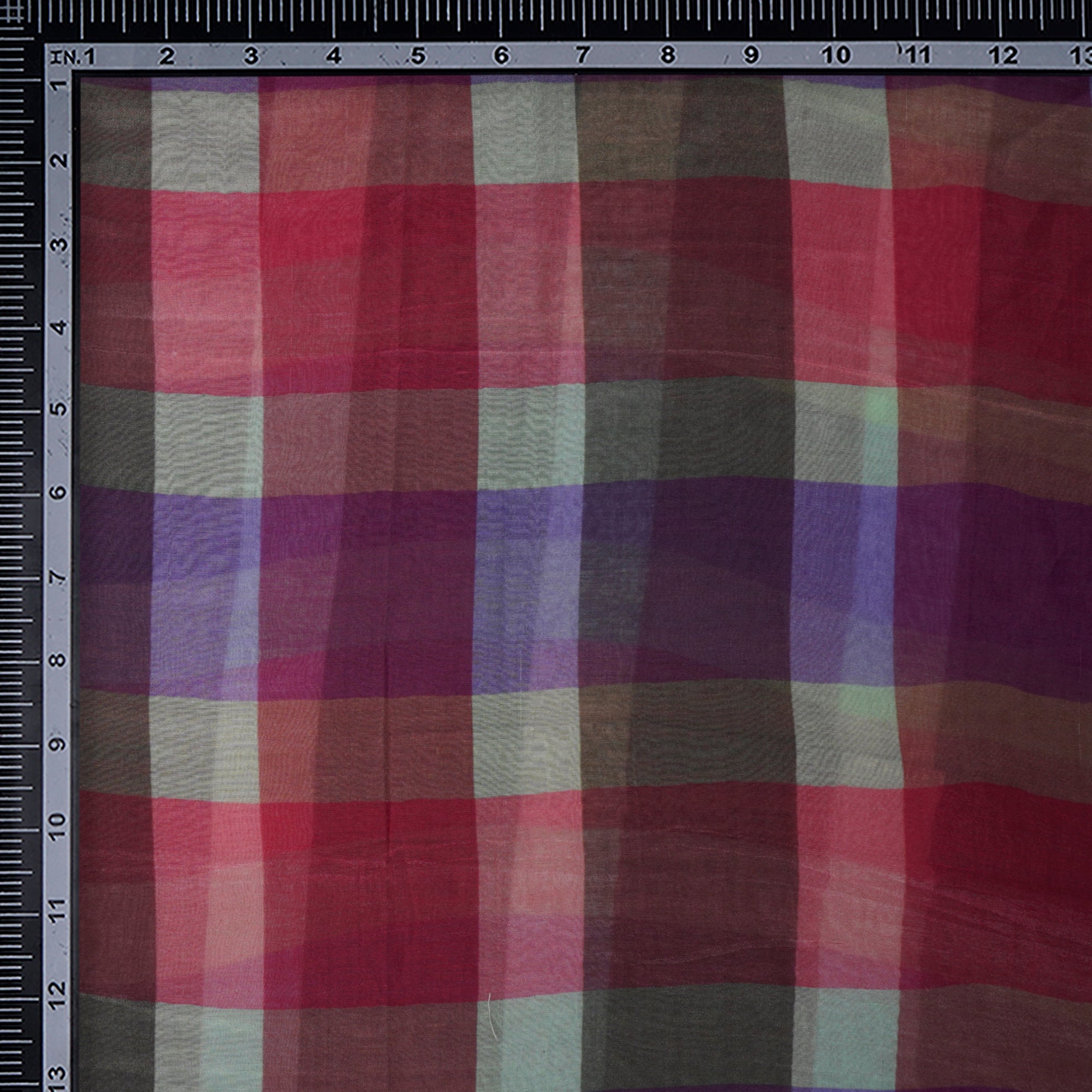 (Pre-Cut 2.10 Mtr)Multi Color Check Pattern Digital Printed Silk Cotton Chanderi Fabric