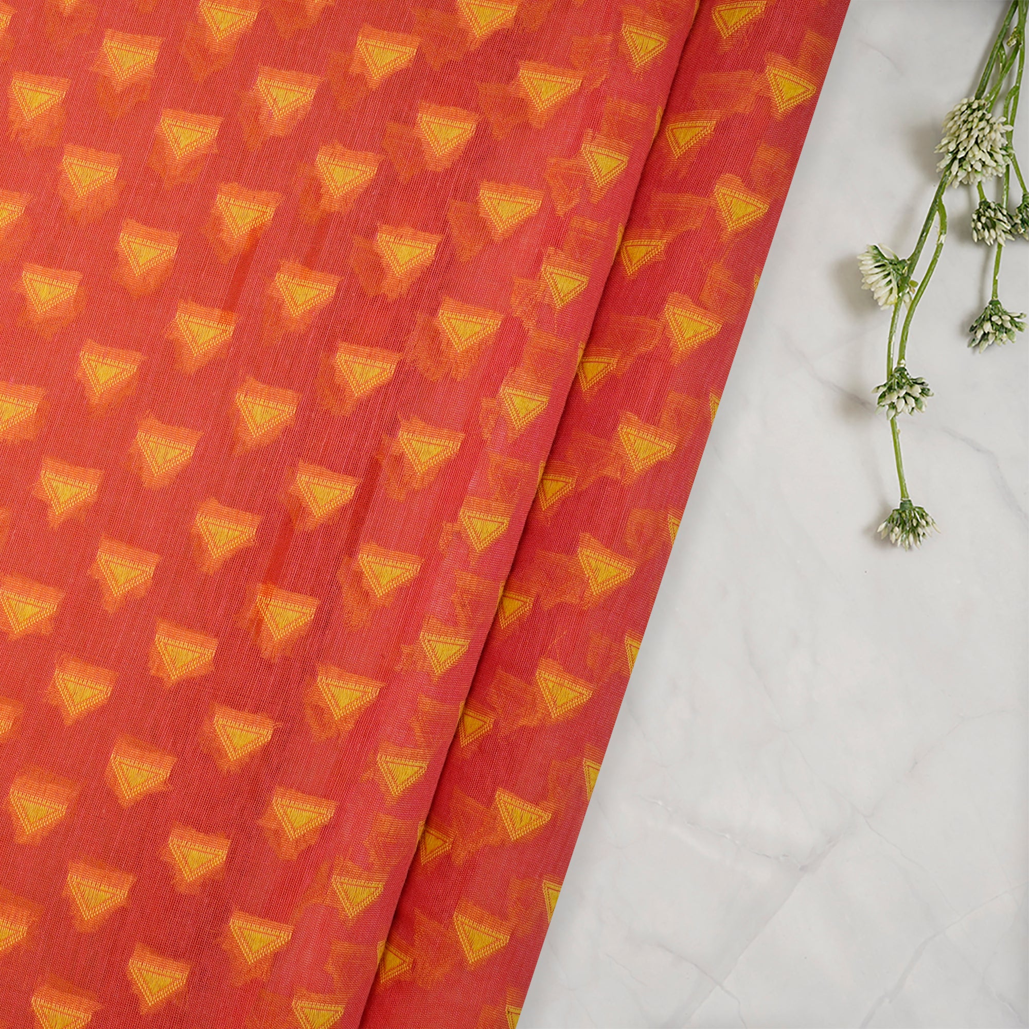 (Pre-Cut 2.30 Mtr)Orange All Over Pattern Jacquard Silk-Cotton Fabric