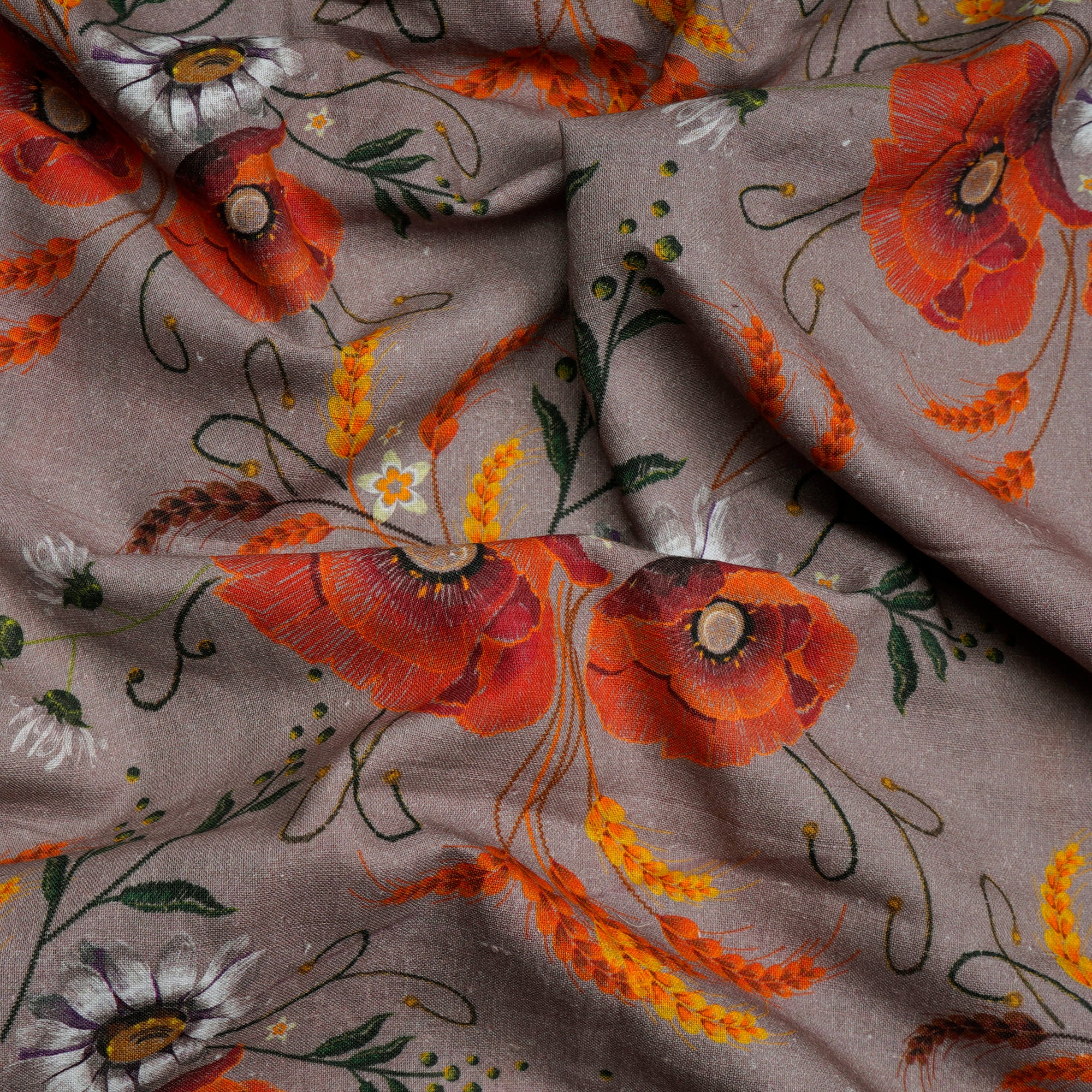 Brown Floral Pattern Digital Printed Cotton Fabric