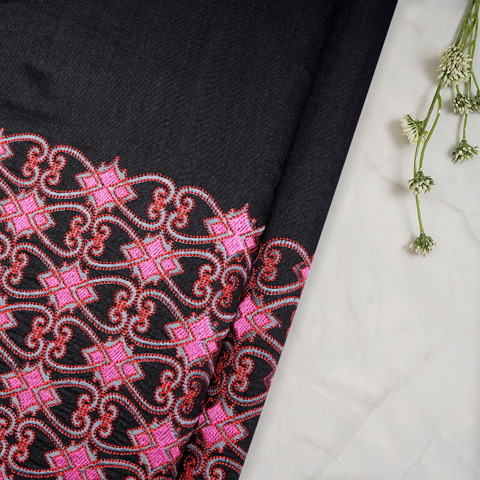 (Pre-Cut 2.50 Mtr)Black Thread Embroidered Muga Silk Fabric