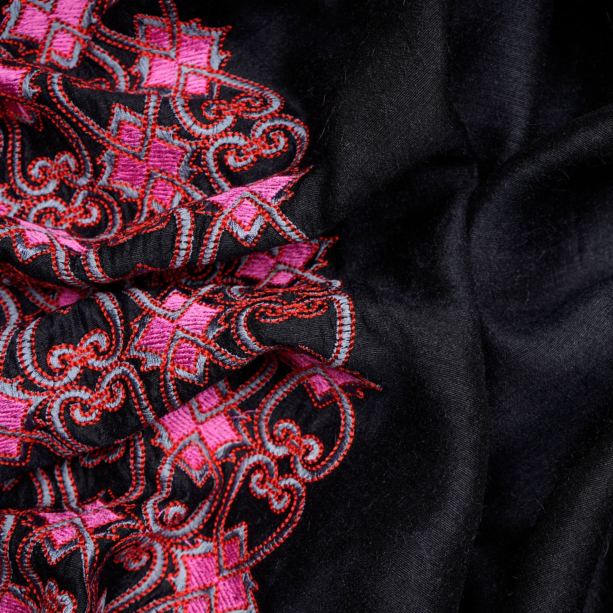 (Pre-Cut 2.50 Mtr)Black Thread Embroidered Muga Silk Fabric