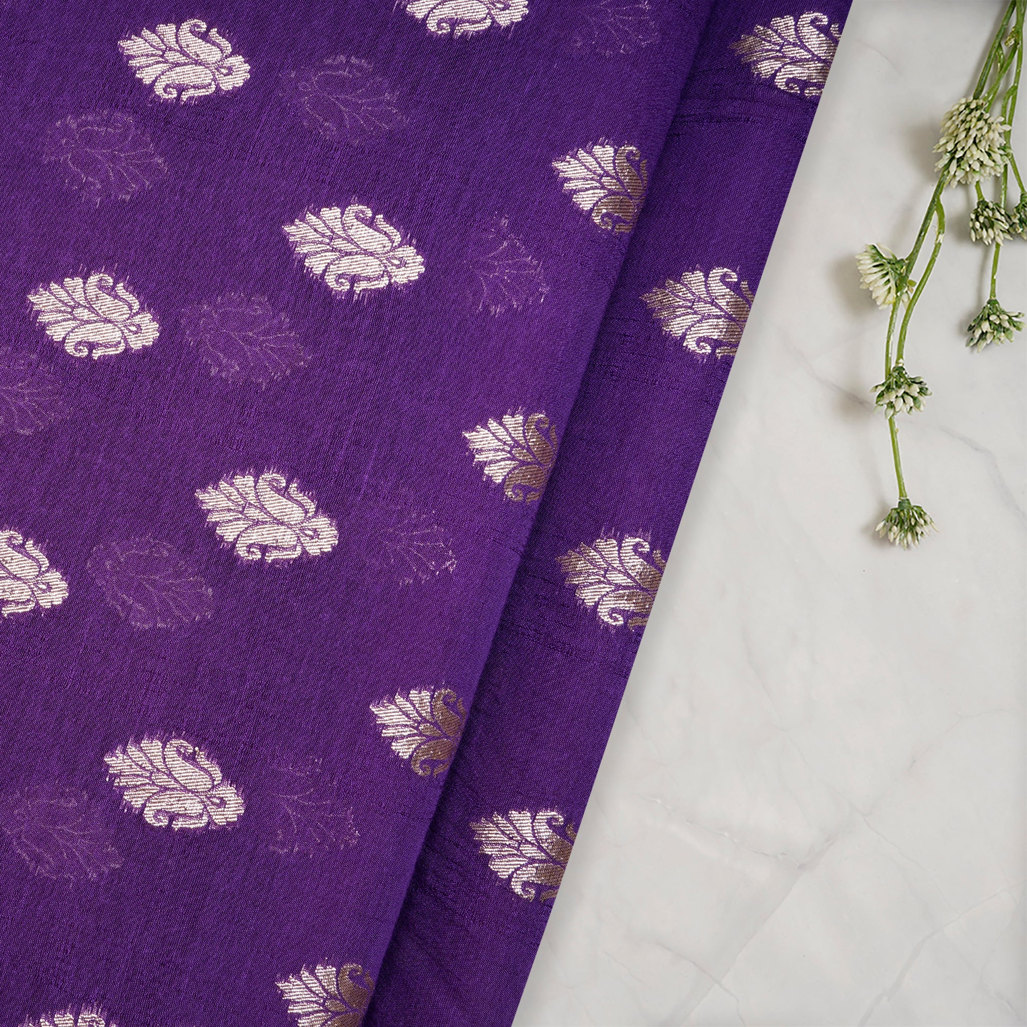 (Pre-Cut 2.00 Mtr)Purple Motif Pattern Silk-Cotton Jacquard Fabric