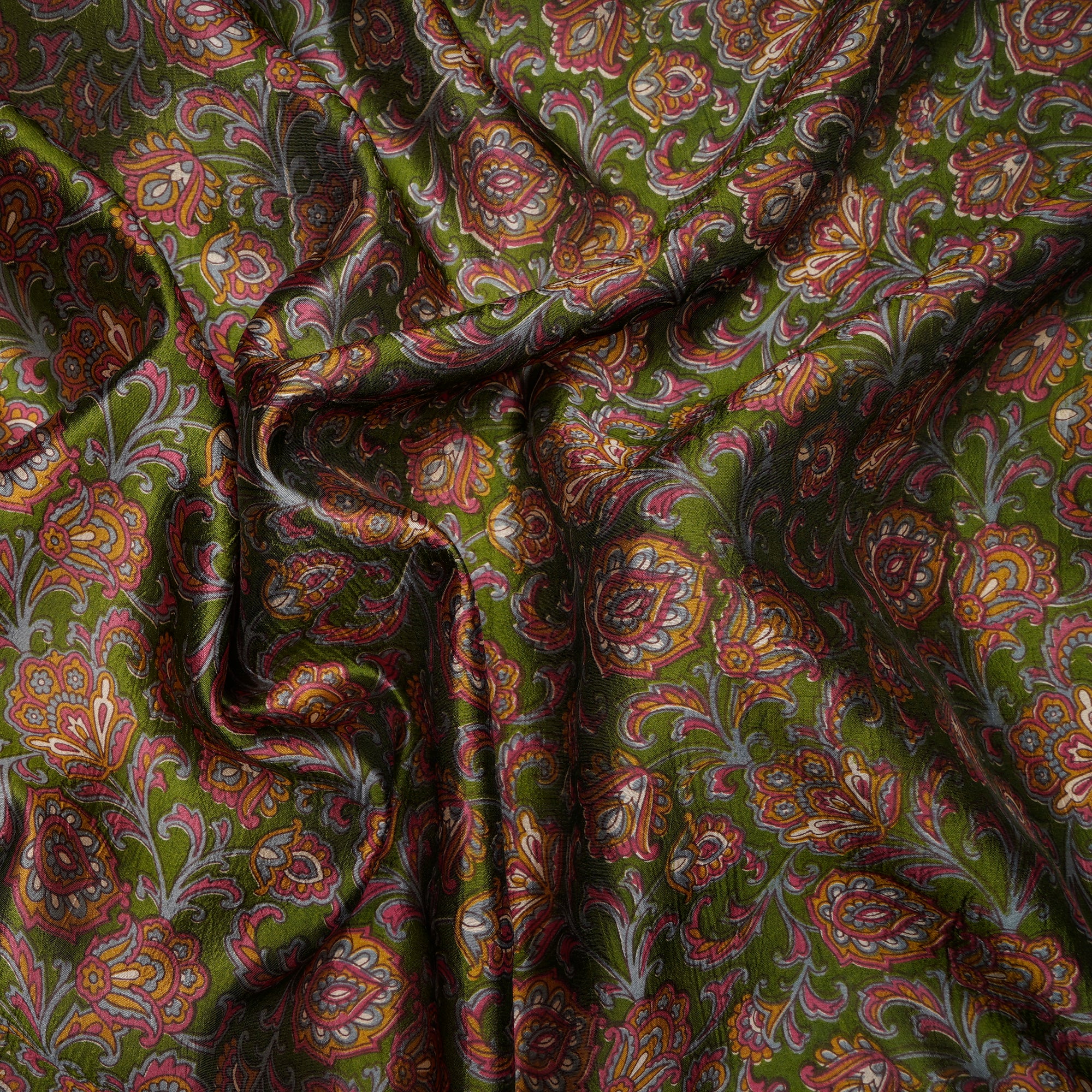 (Pre-Cut 0.65 Mtr) Dark Green Color Printed Silk Dupion Fabric