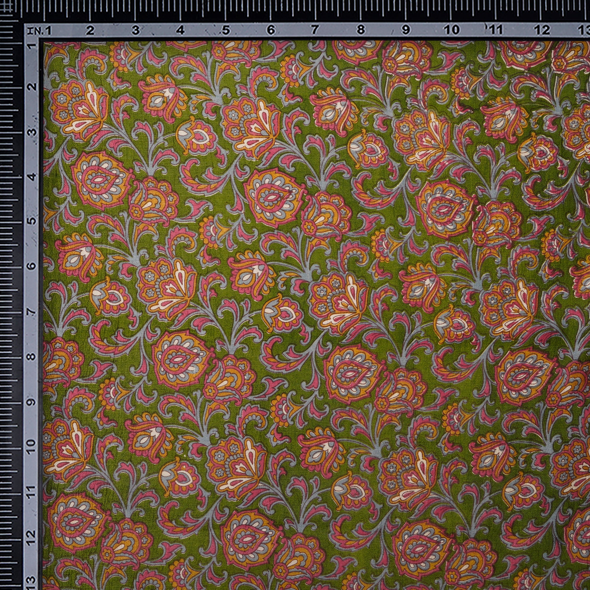 (Pre-Cut 0.65 Mtr) Dark Green Color Printed Silk Dupion Fabric