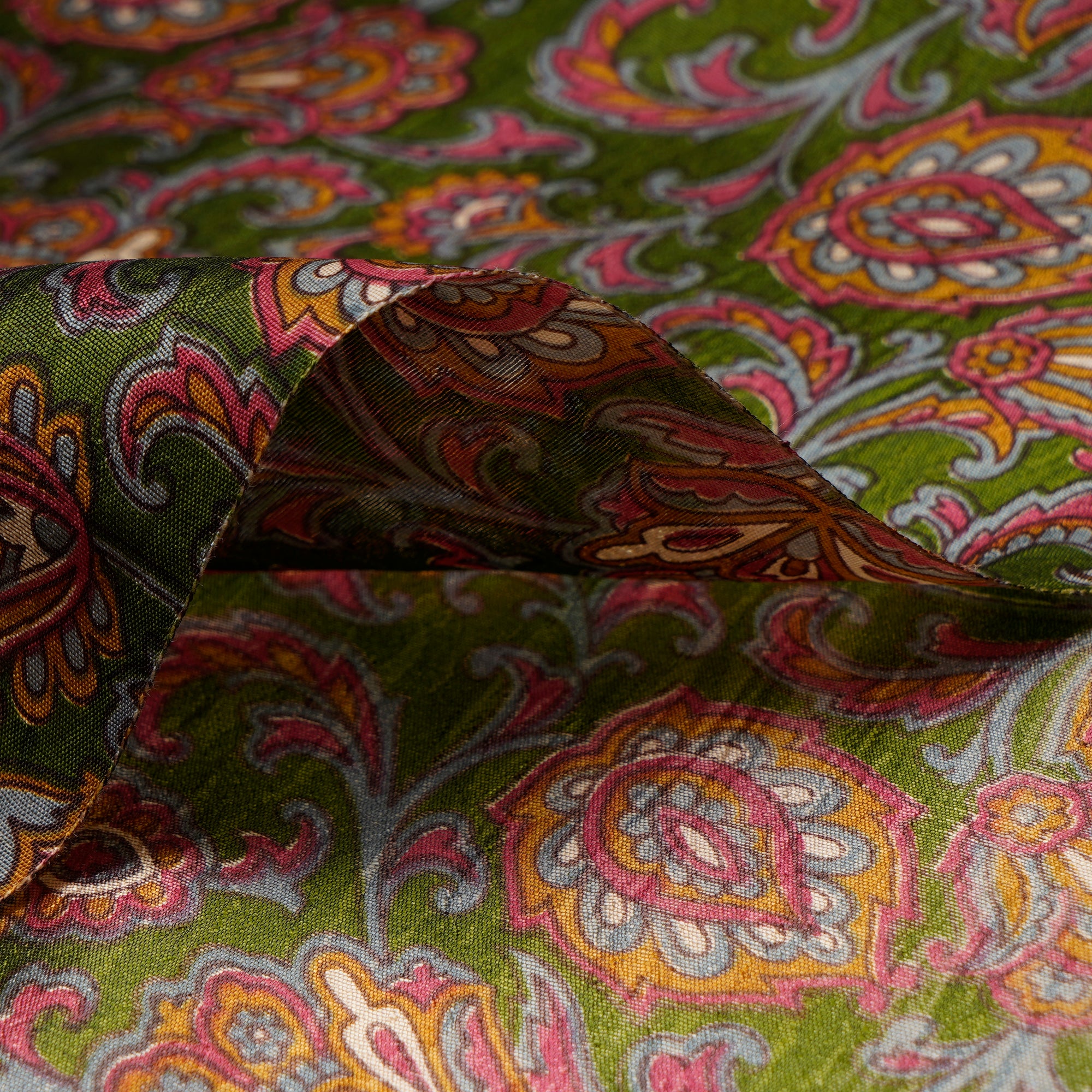 (Pre-Cut 0.65 Mtr) Dark Green Color Printed Silk Dupion Fabric