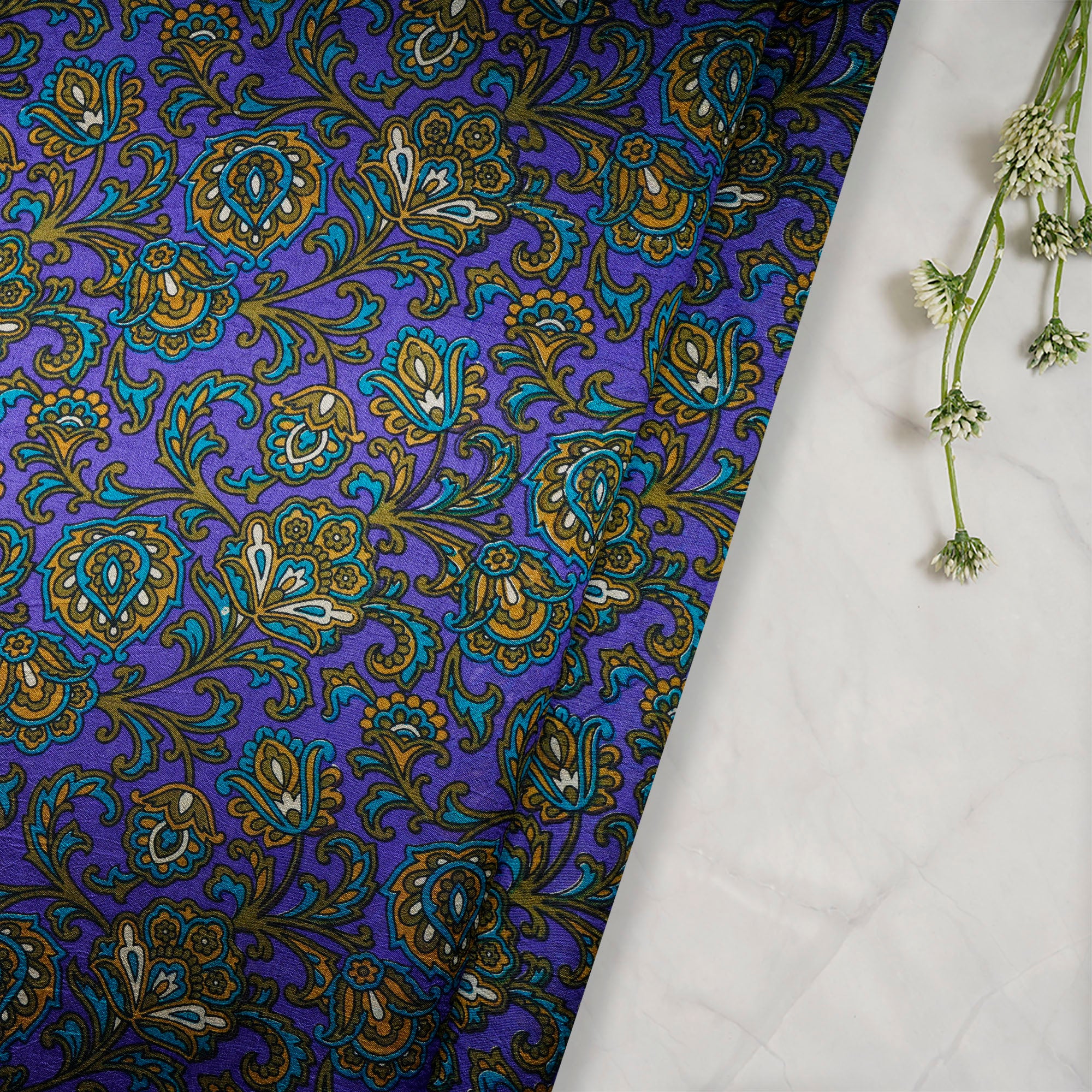 (Pre-Cut 0.90 Mtr)Royal Blue Floral Pattern Digital Printed Dupion Silk Fabric