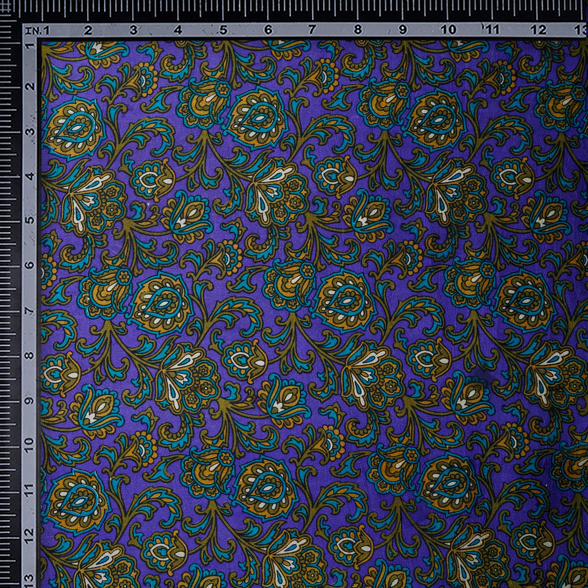 (Pre-Cut 0.90 Mtr)Royal Blue Floral Pattern Digital Printed Dupion Silk Fabric