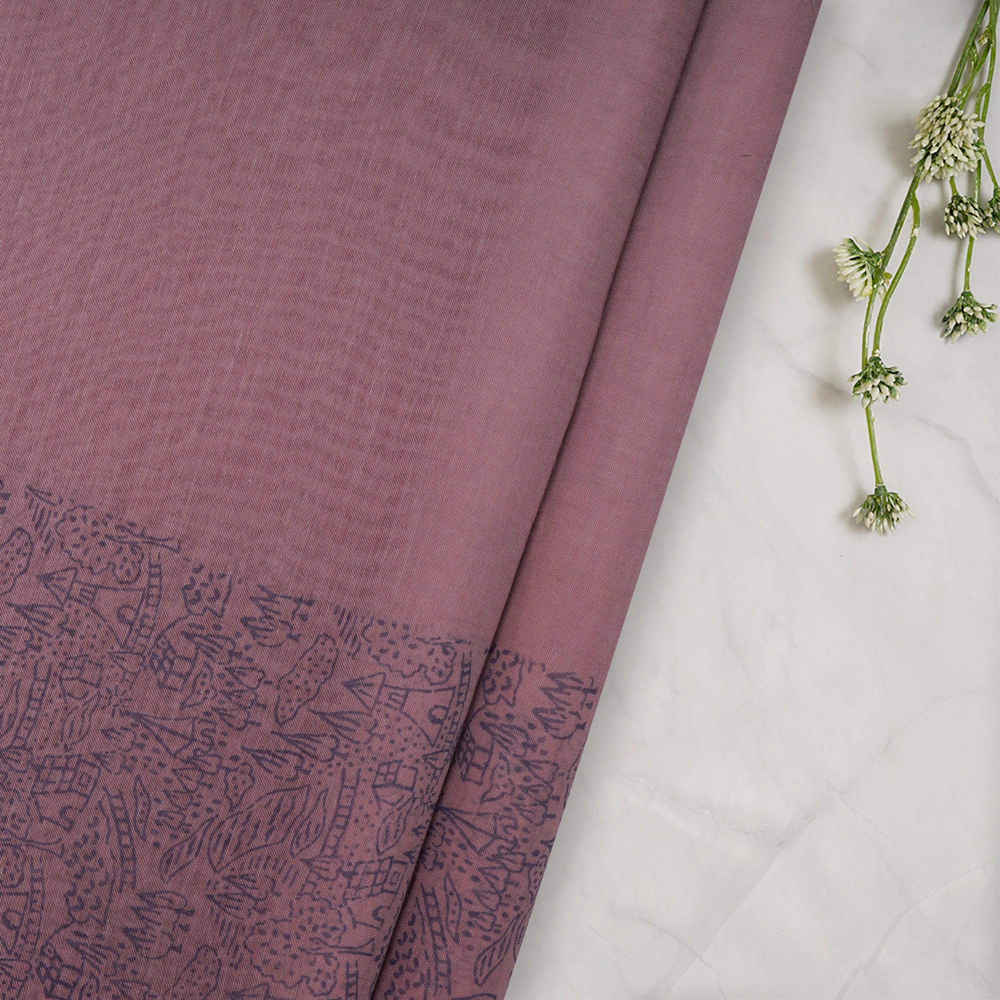 (Pre-Cut 3.30Mtr)Lilac Purple-Grey Color Printed Fine Chanderi Fabric
