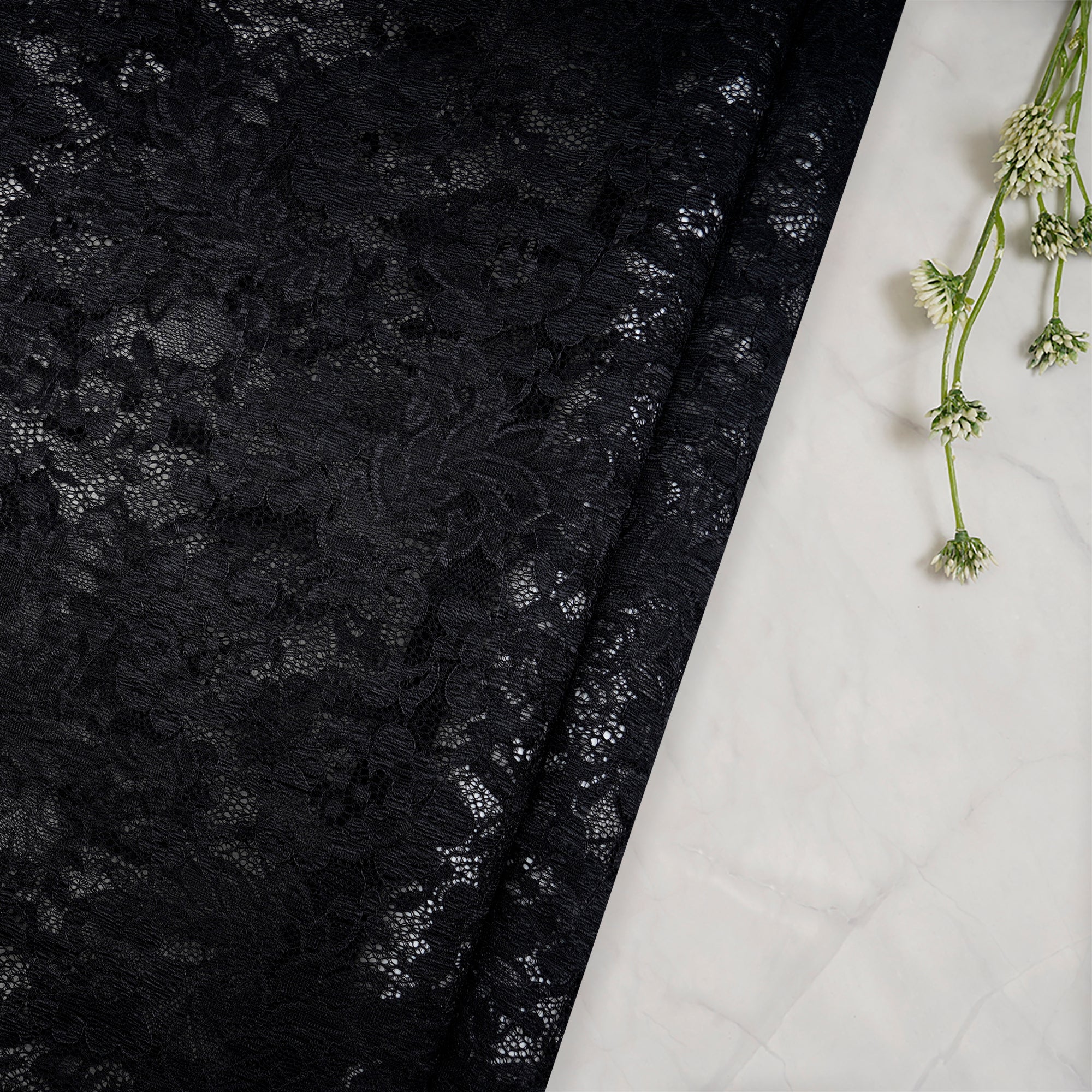 (Pre-Cut 1.90 Mtr)Black Floral Pattern Nylon Net Fabric