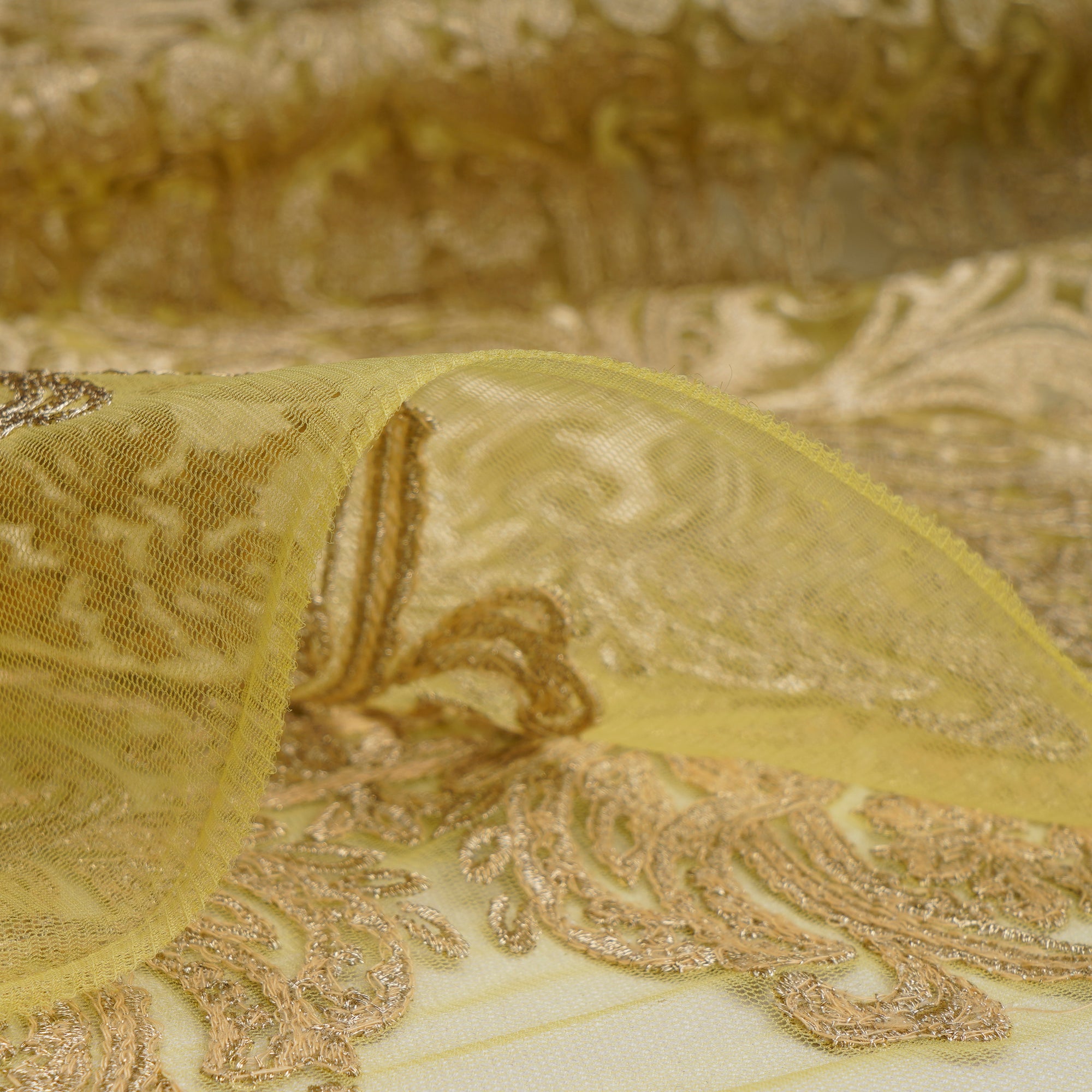 (Pre-Cut 3.45 Mtr) Green All Over Pattern Zari Embroidered Nylon Net Fabric