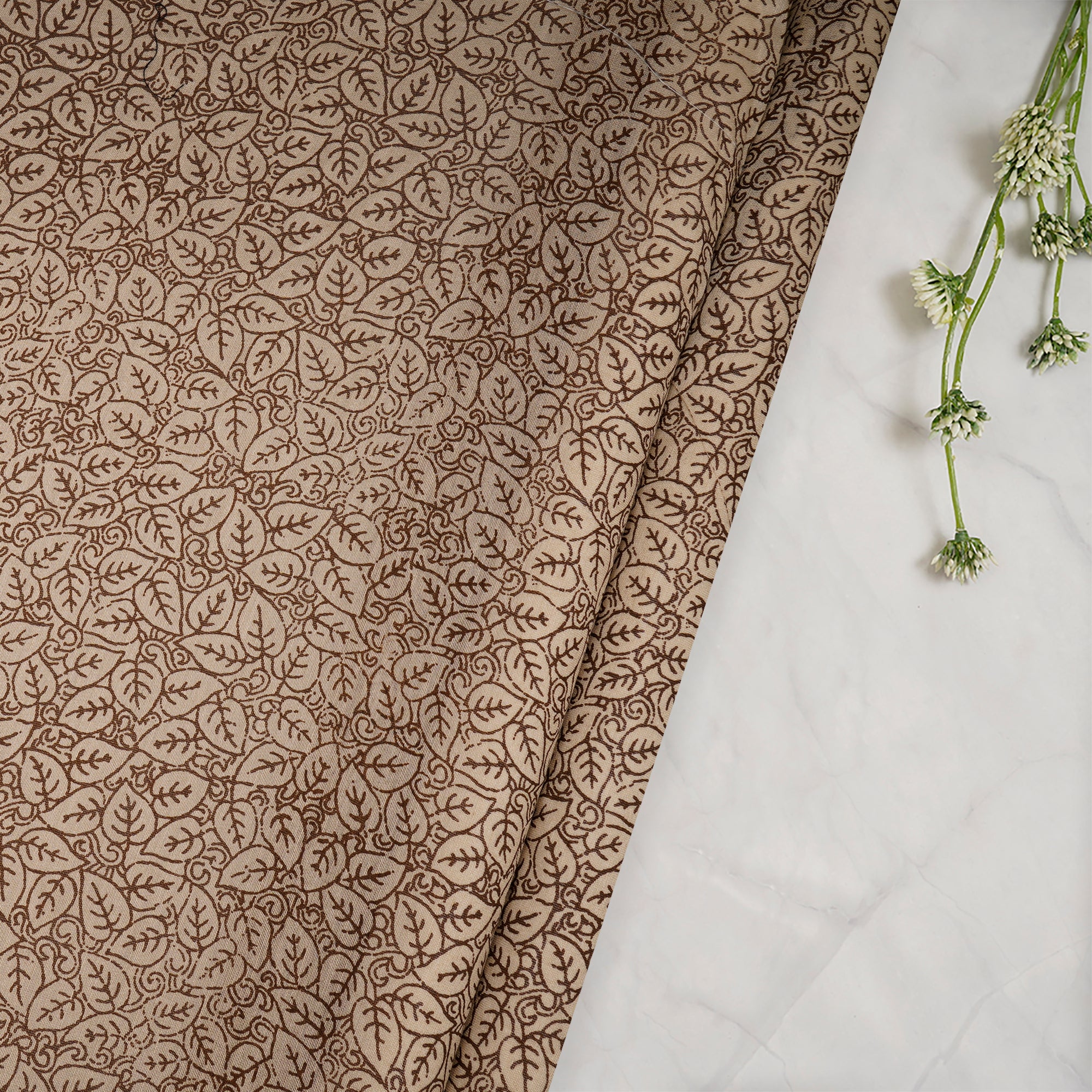 (Pre-Cut 1.30 Mtr)Light Brown Tropical Pattern Screen Printed Fine Chanderi Fabric