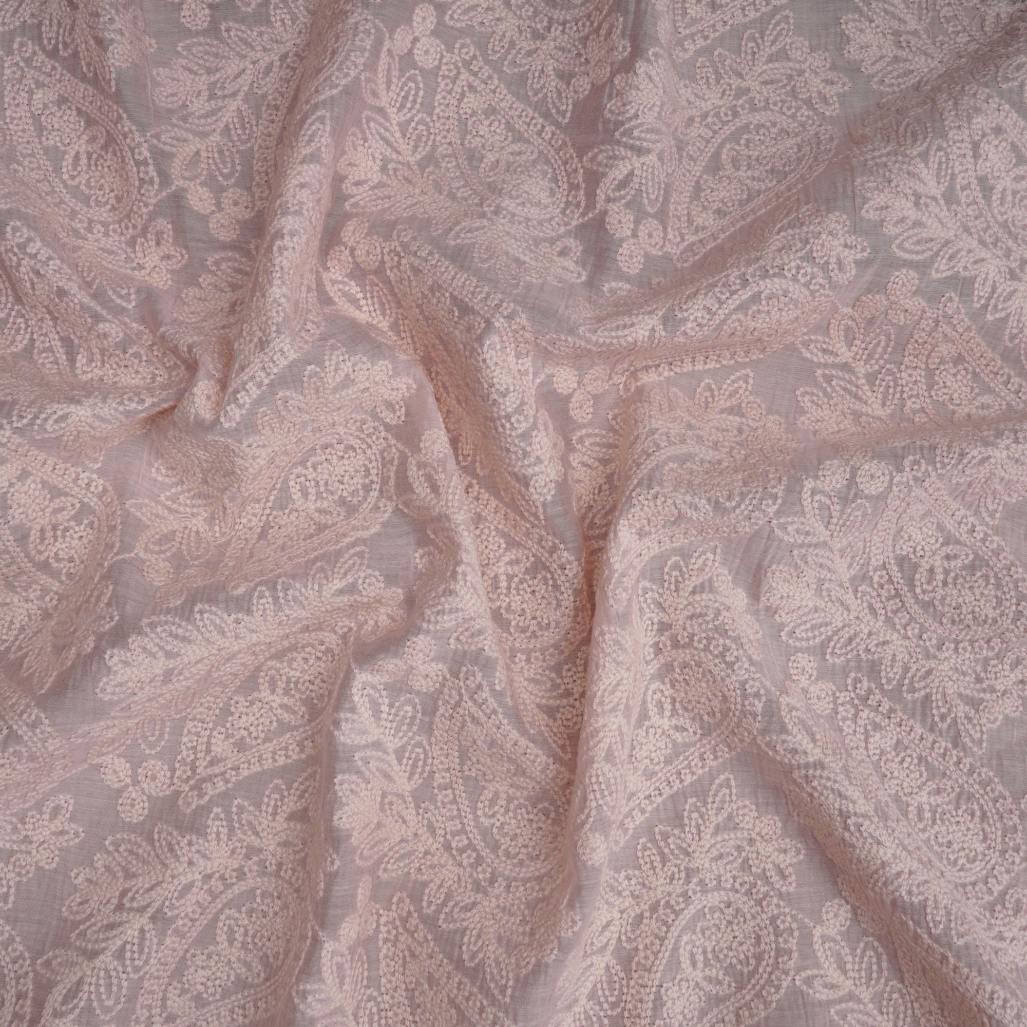 (Pre-Cut 0.50 Mtr) Powder Pink All Over Pattern Thread Embroidered Fine Chanderi Fabric