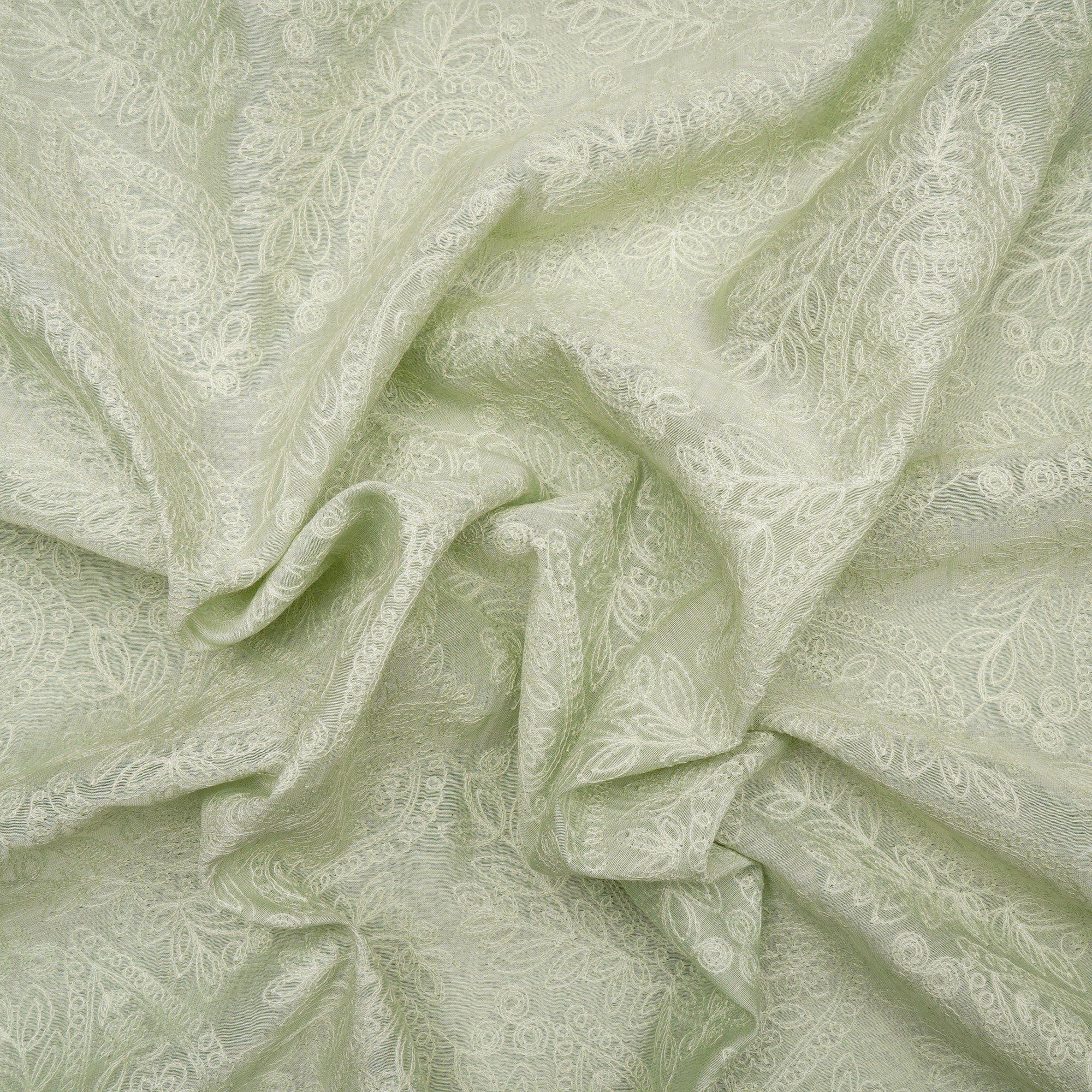 (Pre-Cut 0.70 Mtr)Pastel Green Schiffili Embroidered Fine Chanderi Fabric