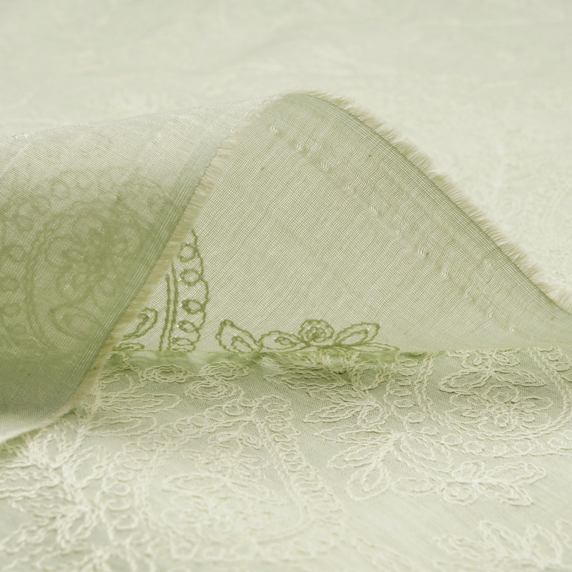 (Pre-Cut 0.70 Mtr)Pastel Green Schiffili Embroidered Fine Chanderi Fabric