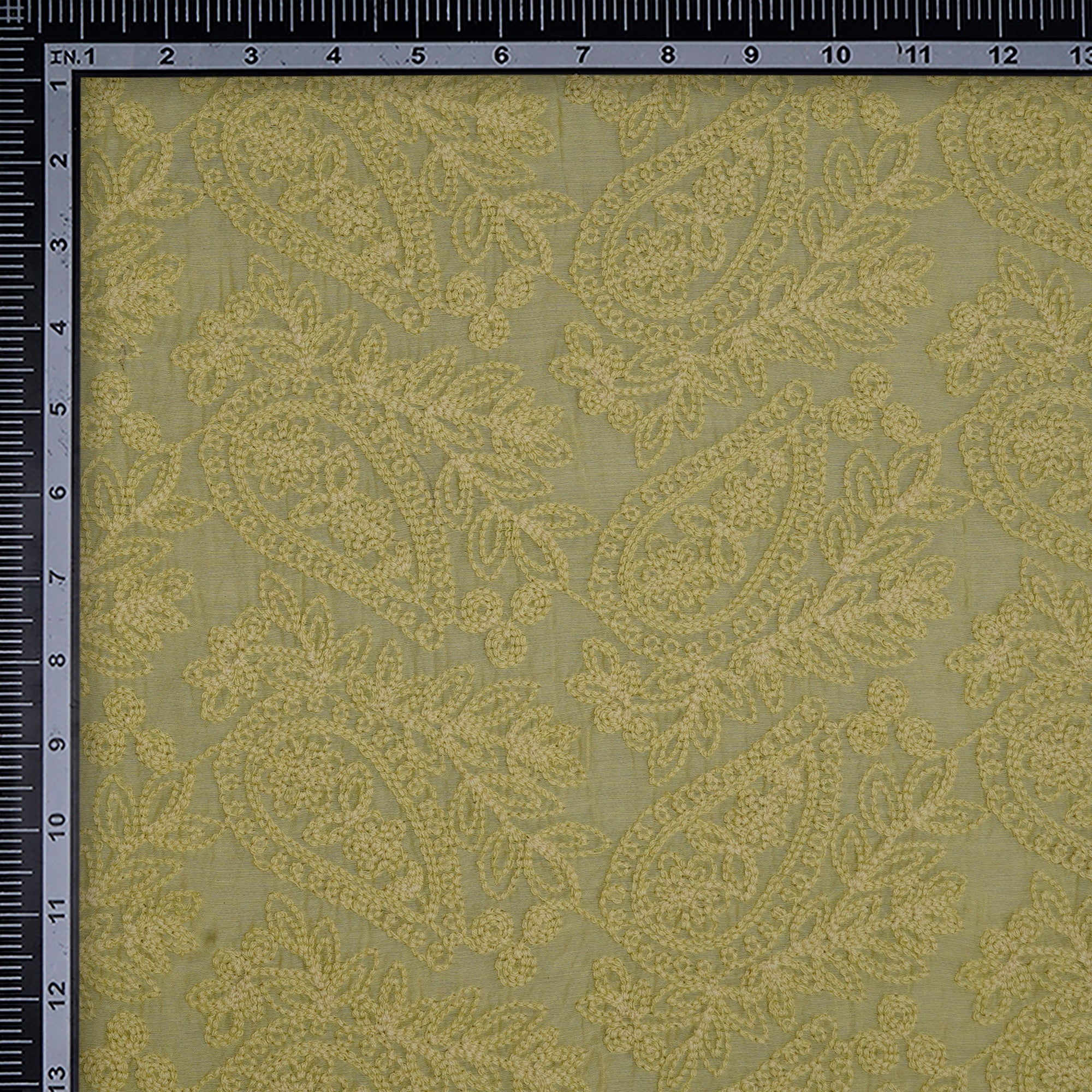 (Pre-Cut 0.85 Mtr)Light Green Paisely Pattern Embroidered Fine Chanderi Fabric