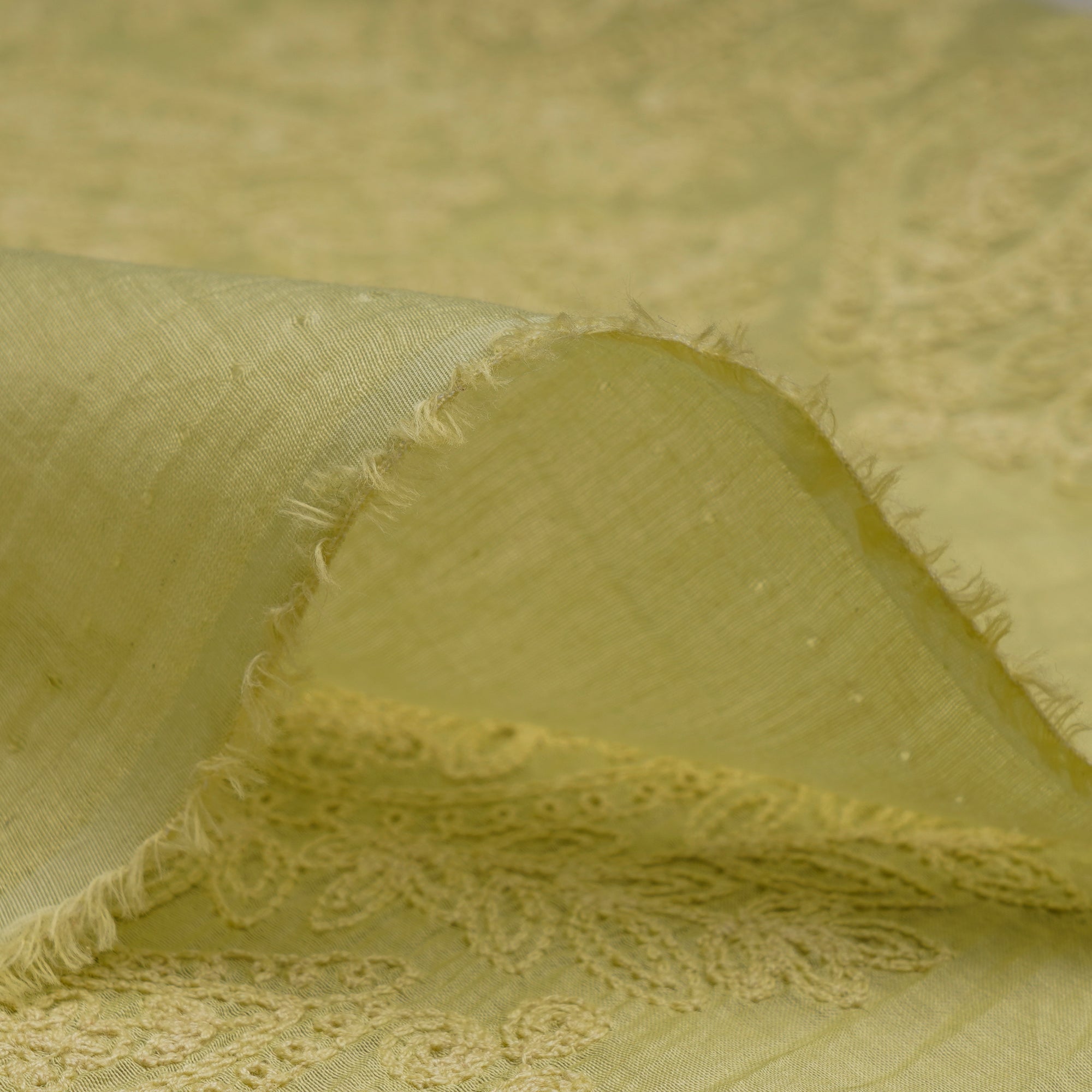 (Pre-Cut 0.85 Mtr)Light Green Paisely Pattern Embroidered Fine Chanderi Fabric