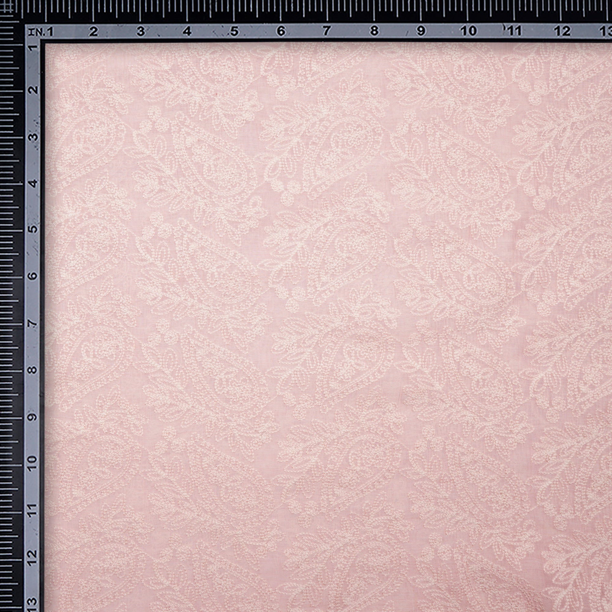 (Pre-Cut 1.35 Mtr)Light Pink -White All Over Pattern Thread Embroidered Fine Embroidered Chanderi Fabric