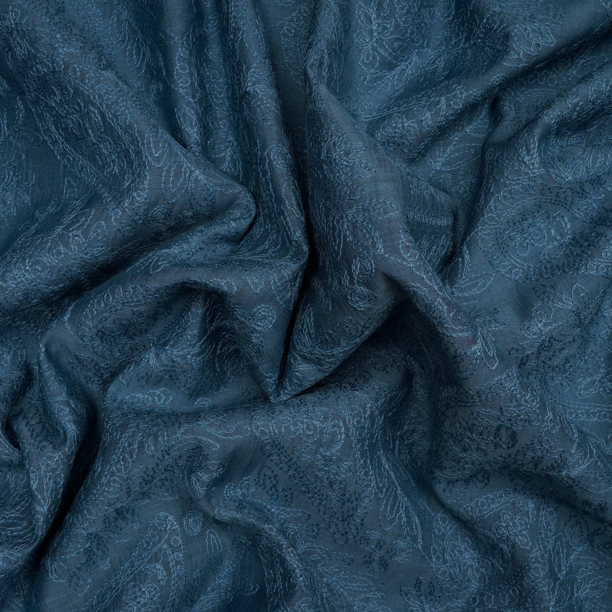 (Pre-Cut 2.20 Mtr)Stone Blue Paisely Pattern Embroidered Fine Chanderi Fabric